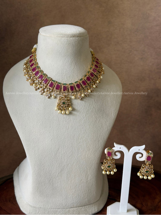 CZ RUBY STONE NECKLACE SET WITH PEARL BEADS