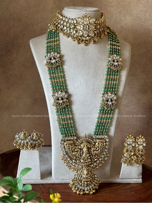 SEMI BRIDAL SET | PASTEL BEADED HARAM WITH LAKSHMI PENDANT PAIRED WITH A KUNDAN CHOKER WITH GOLD BEADS