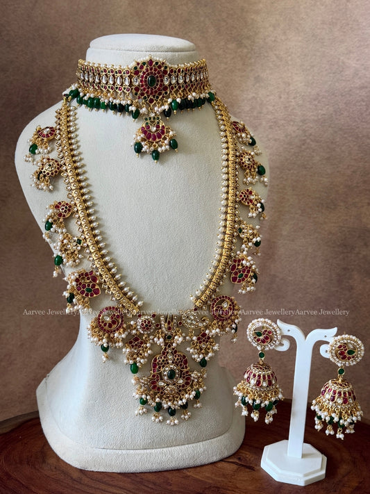 COMBO - KEMP SINGLE PENDANT CHOKER AND FLORAL GUTTA PUSALU HARAM SET WITH GREEN BEADS