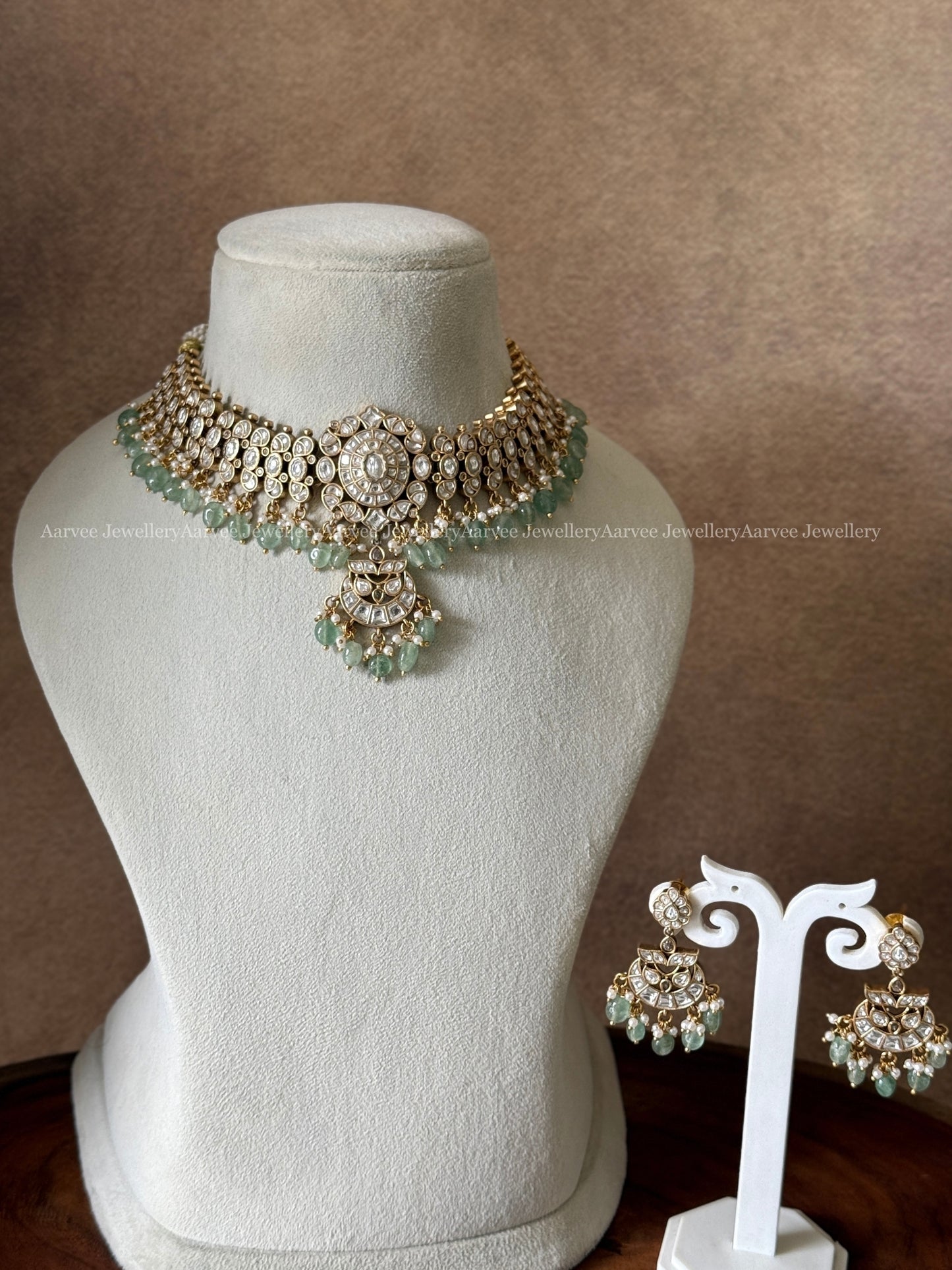 PREMIUM WHITE KUNDAN STONES CHOKER SET WITH PASTEL BEADS