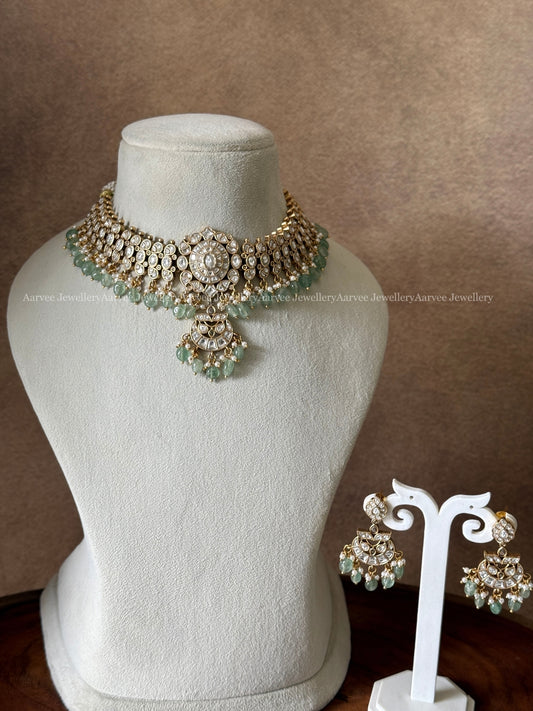 PREMIUM WHITE KUNDAN STONES CHOKER SET WITH PASTEL BEADS