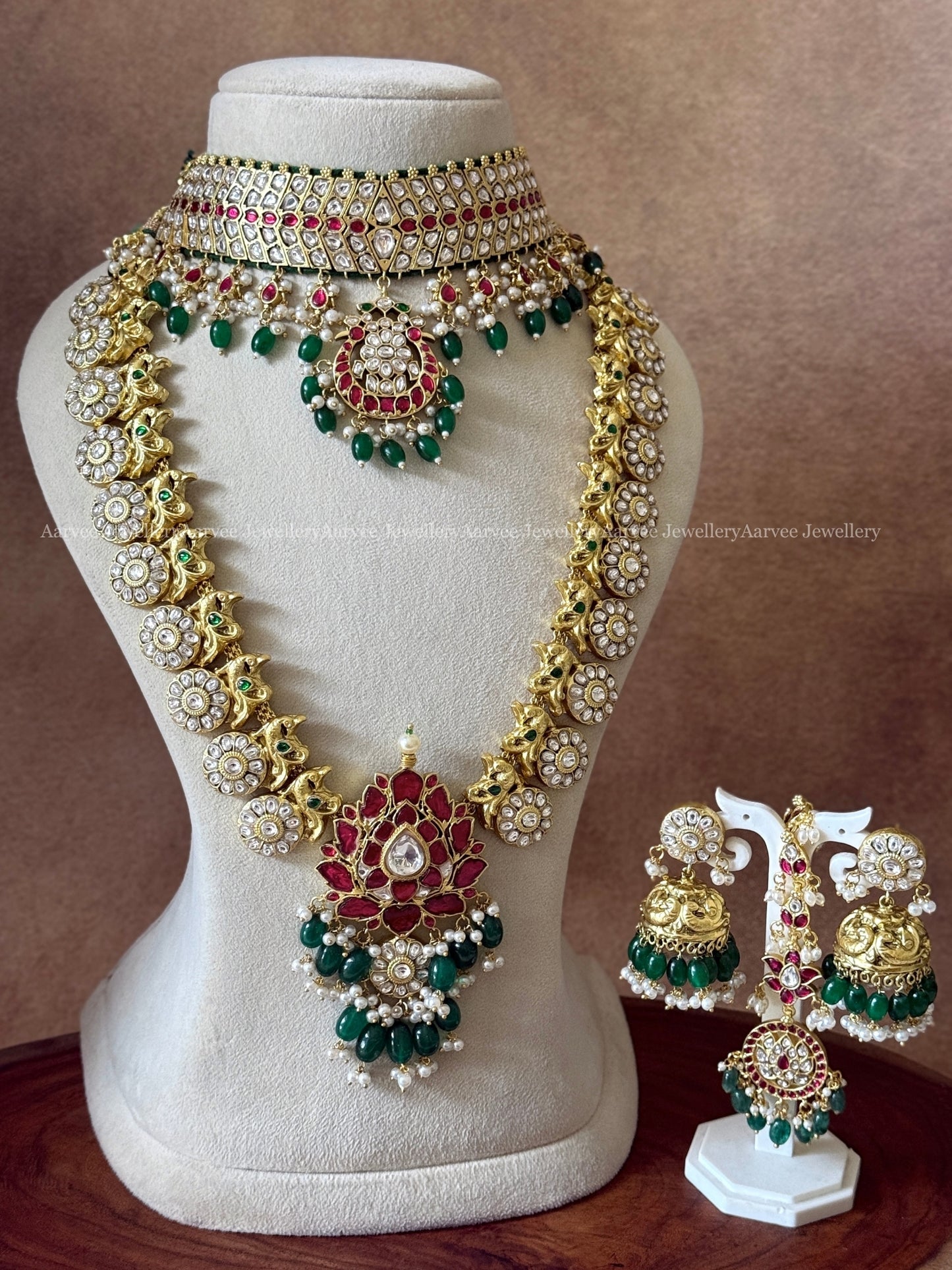 JADAU KUNDAN SEMI BRIDAL SET - WHITE / PINK STONES CHOKER AND LOTUS HARAM, JHUMKI, TIKKA WITH GREEN BEADS