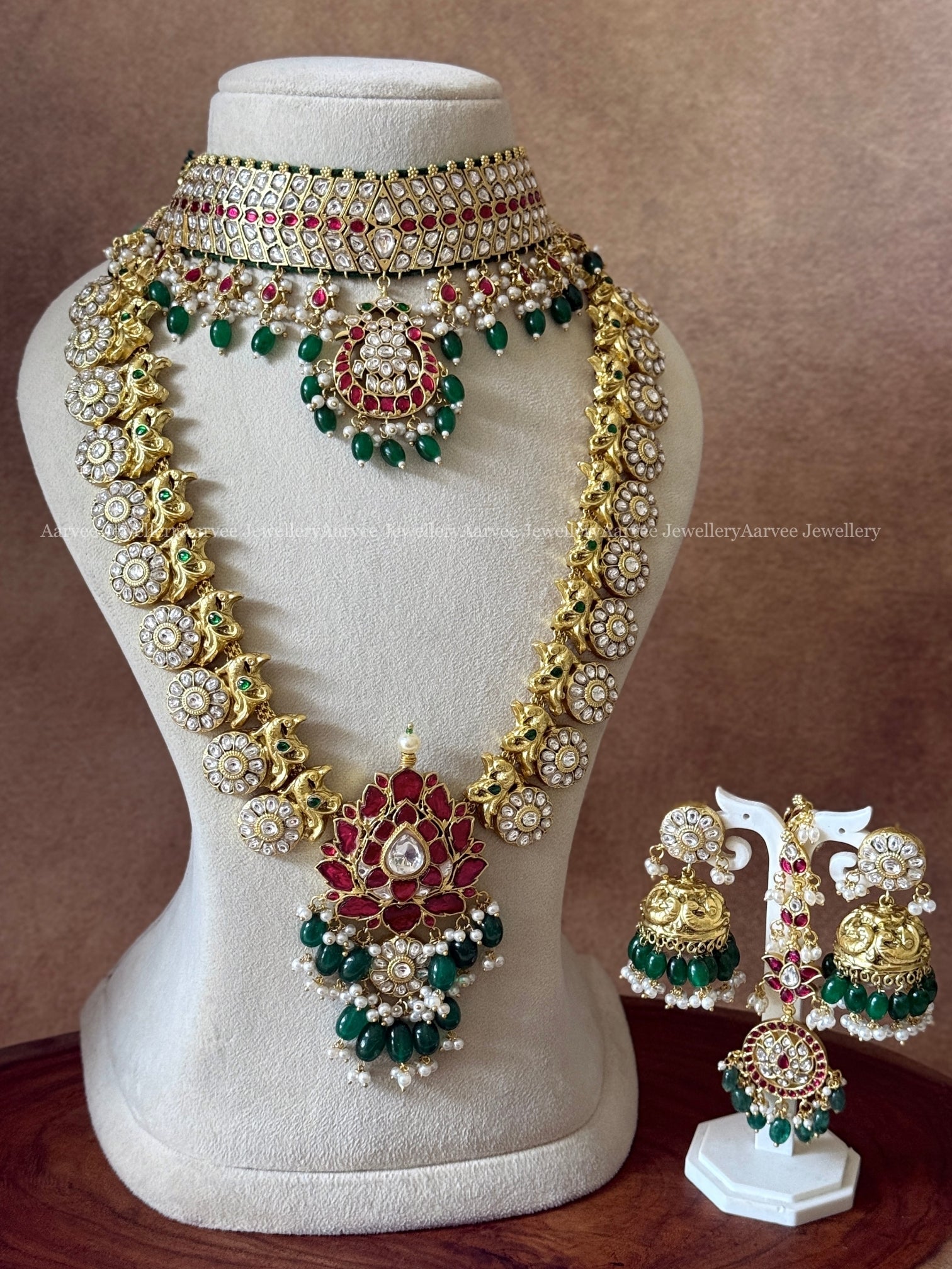 JADAU KUNDAN SEMI BRIDAL SET - WHITE / PINK STONES CHOKER AND LOTUS HARAM, JHUMKI, TIKKA WITH GREEN BEADS