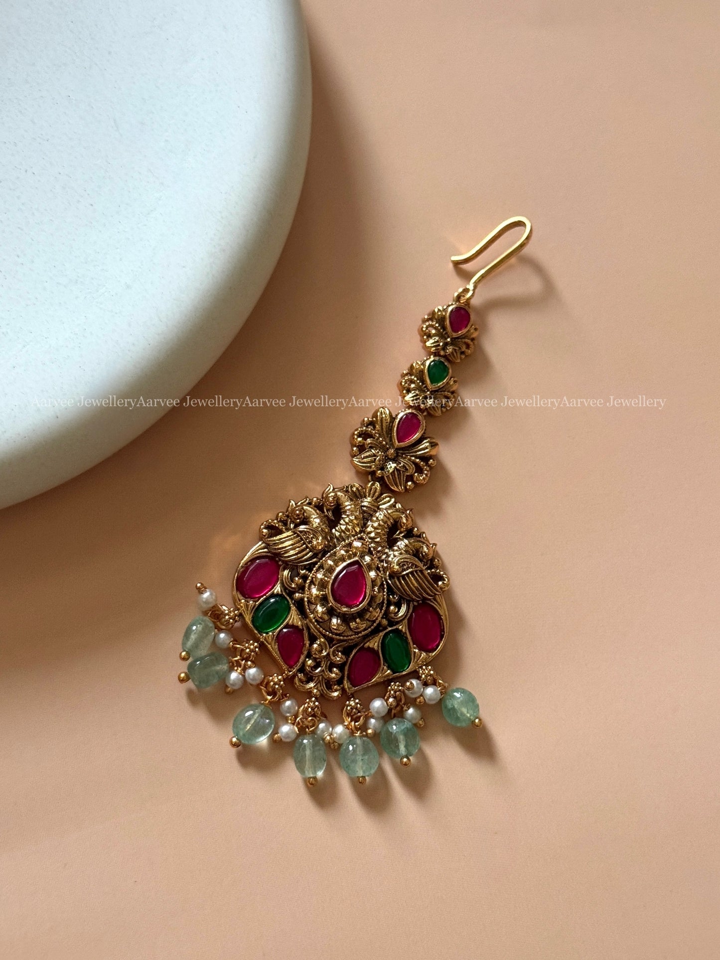 KEMP STONE ANTIQUE GOLD FINISH PEACOCK MOTIF TIKKA WITH PASTEL BEADS