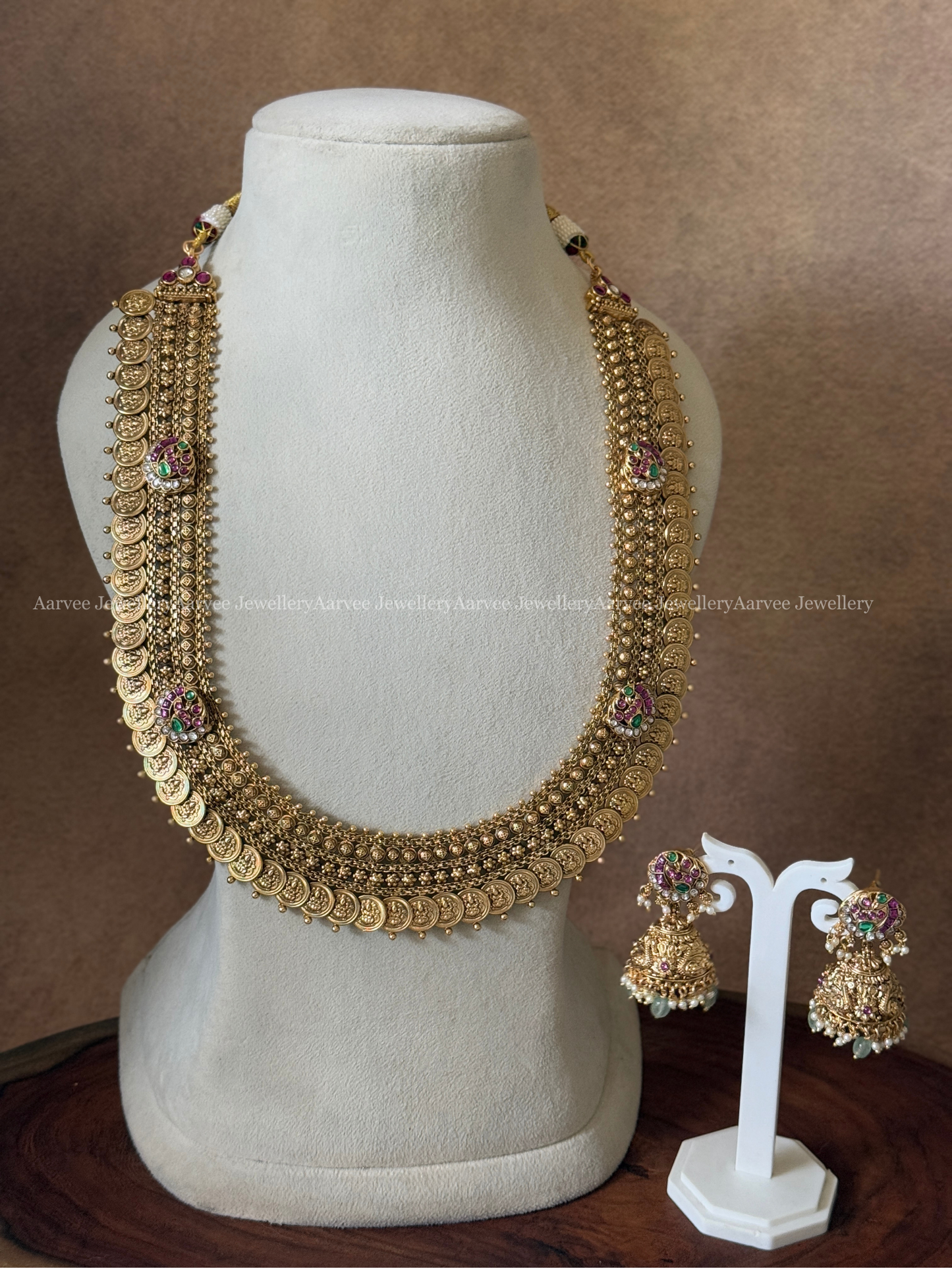 ANTIQUE GOLD STATEMENT COIN HARAM SET WITH 3 DETACHABLE PENDANT IN KUNDAN STONE & PASTEL BEADS
