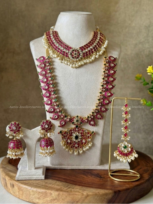 JADAU KUNDAN EXCLUSIVE RUBY STONES MANGO MOTIF SEMI BRIDAL JEWELLERY SET