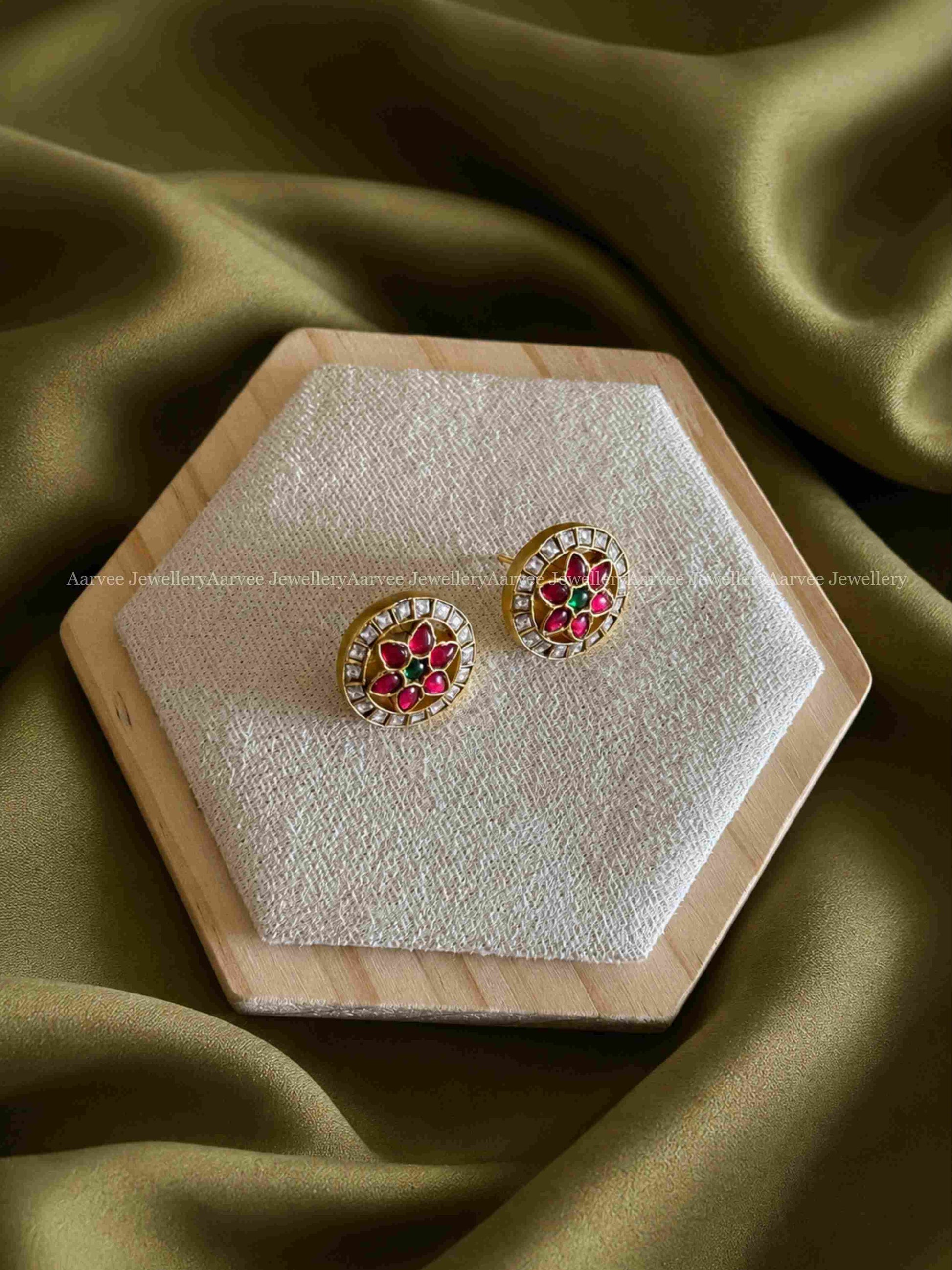 JADAU KUNDAN FLORAL STUDS WITH RUBY/GREEN/WHITE STONES