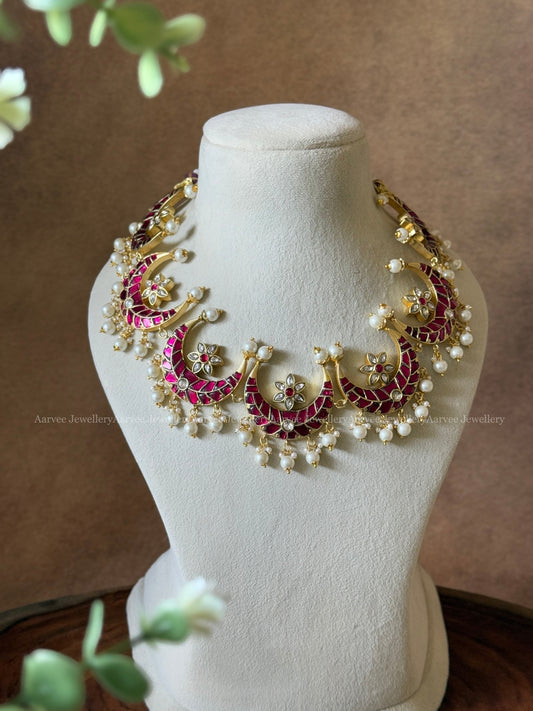 PINK STONE JADAU KUNDAN 7 PENDANT CHAND DESIGN NECKLACE