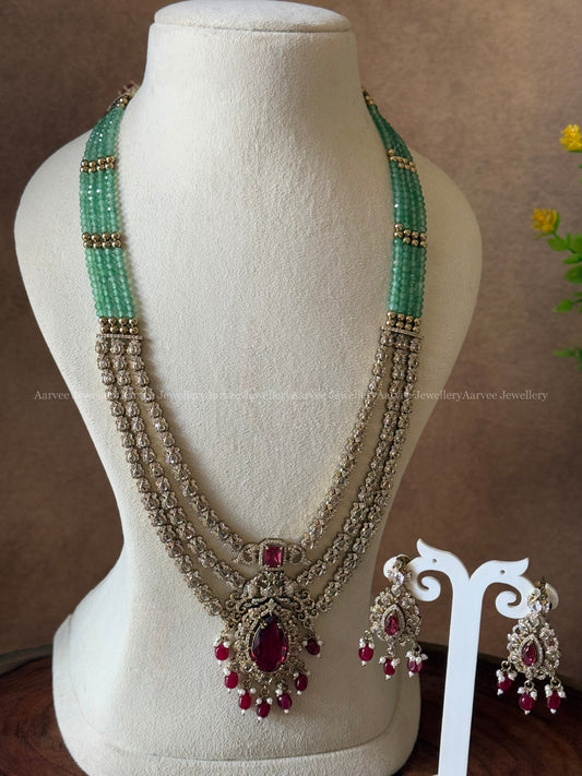 VICTORIAN PASTEL BEADED LAYER HARAM SET WITH WHITE & RUBY STONES & BEADS
