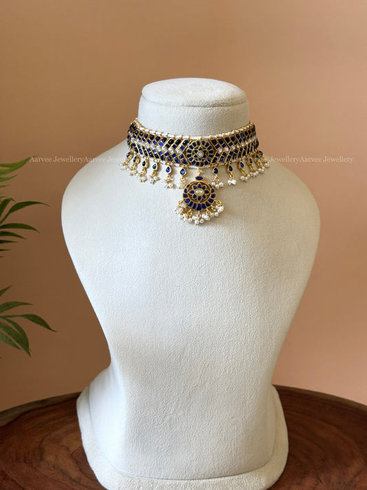 JADAU KUNDAN ADITI CHOKER WITH BLUE STONES & PEARLS