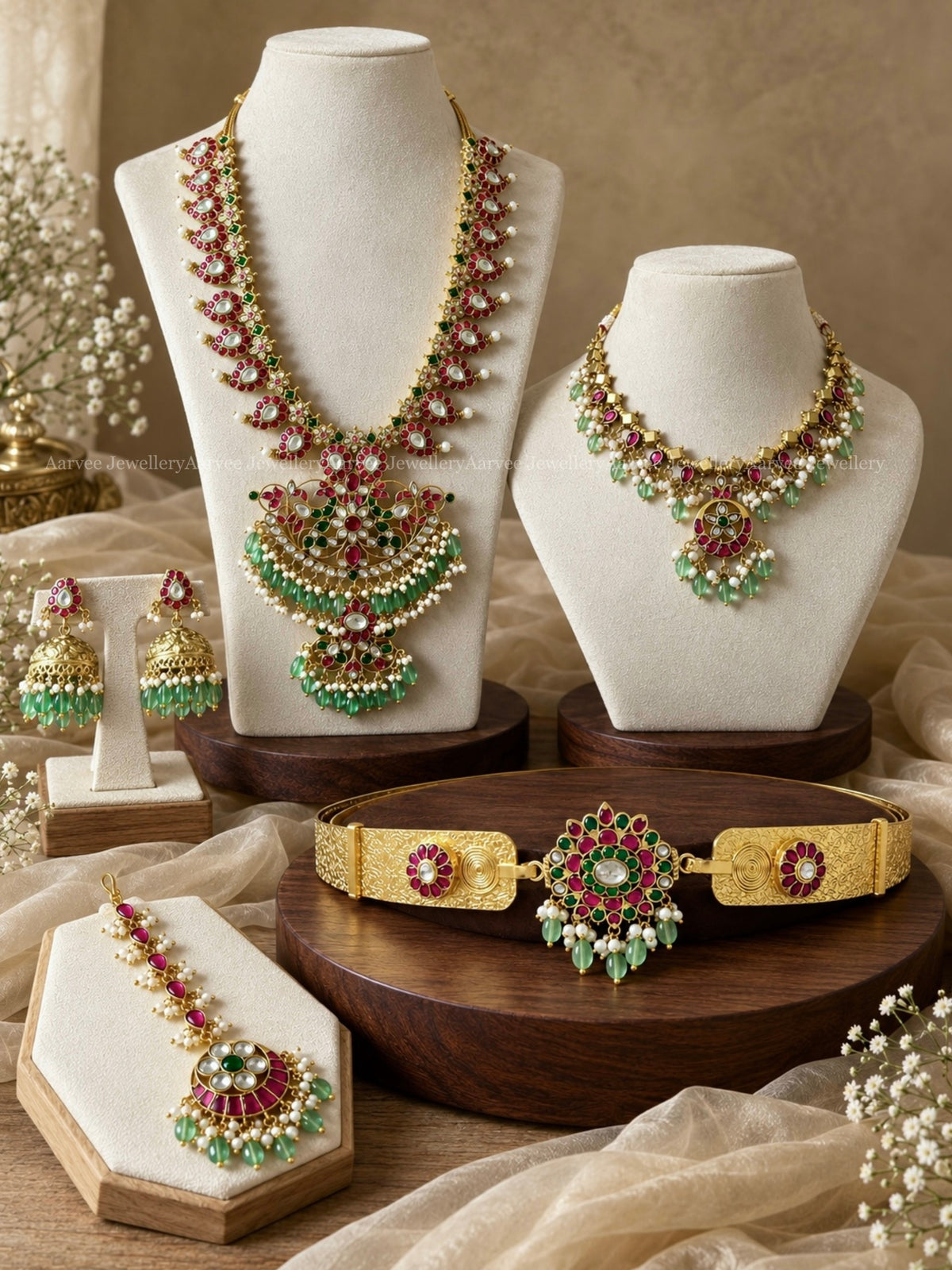 JADAU KUNDAN MANGO MOTIF BRIDAL JEWELLERY SET WITH LIGHT PASTEL GREEN BEADS