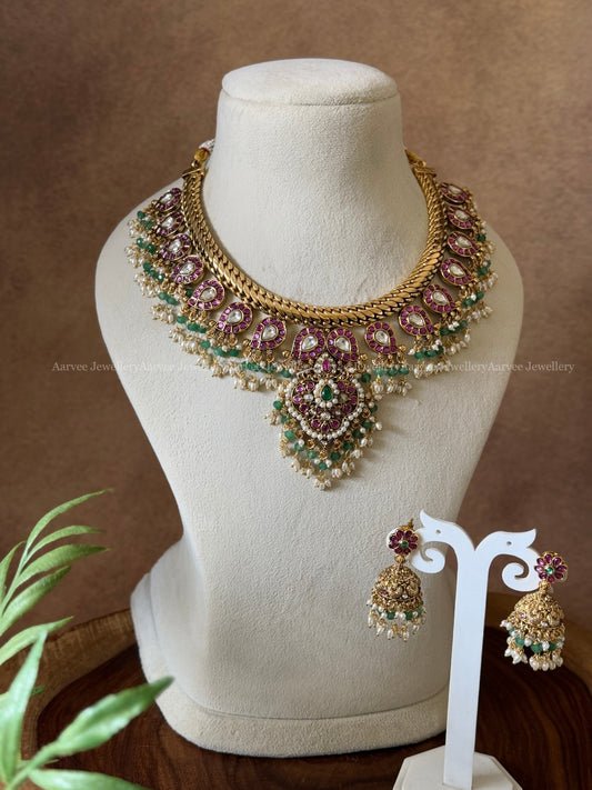 JALEBI MANGO MOTIF NECKLACE SET WITH PINK/WHITE STONES & TINY PASTEL BEADS