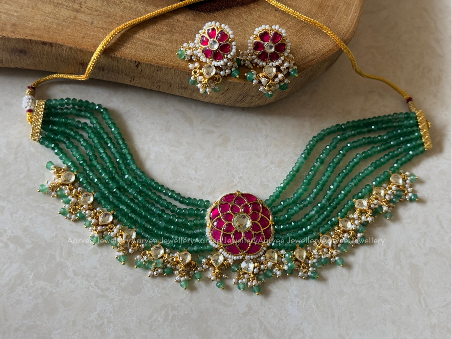 POLKI KUNDAN PASTEL BEADED CHOKER SET WITH FLORAL PENDANT | RUBY STONES & PASTEL BEADS