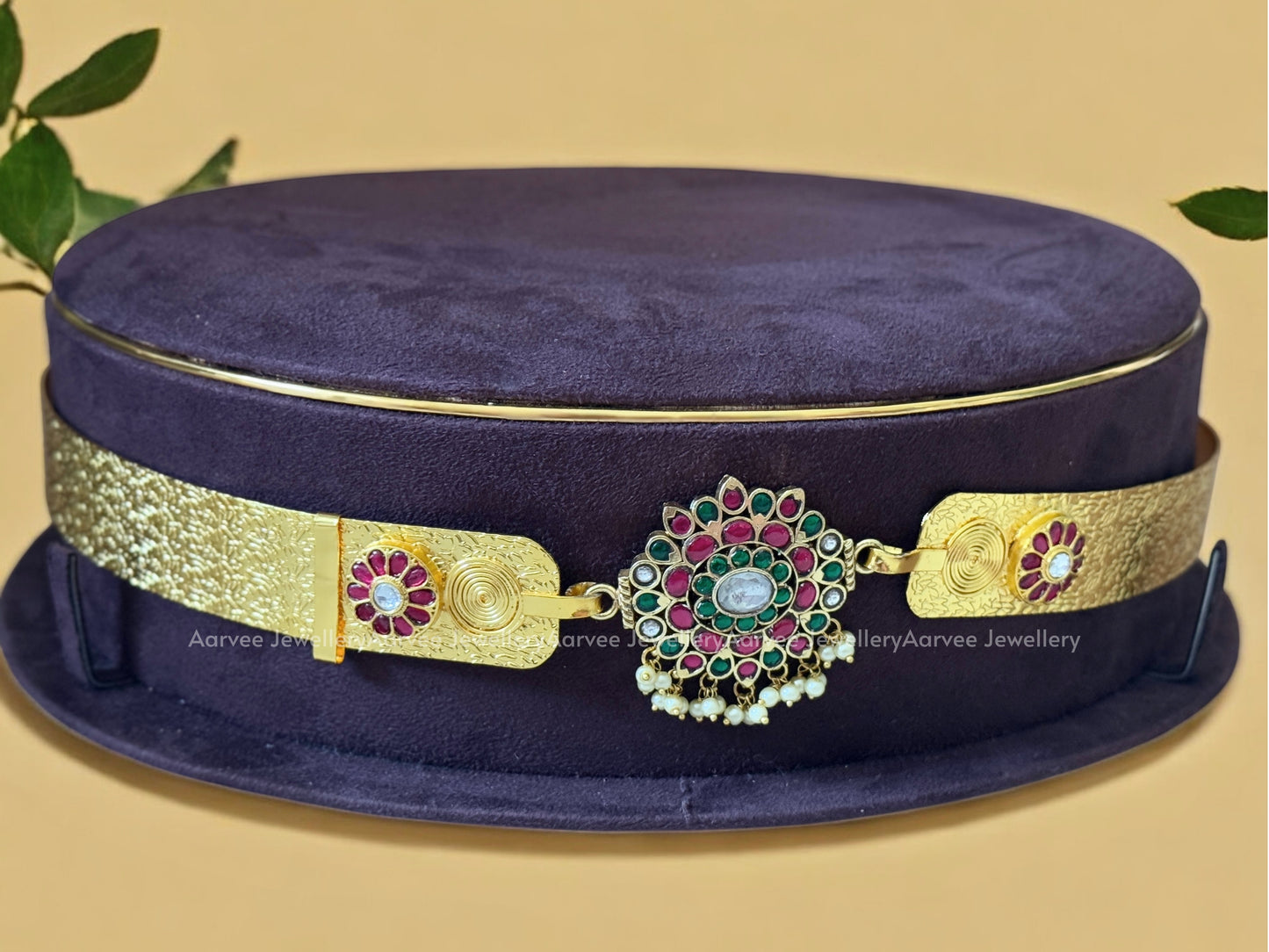JADAU KUNDAN WAIST BELT WITH FLORAL PENDANT & RUBY / GREEN STONES
