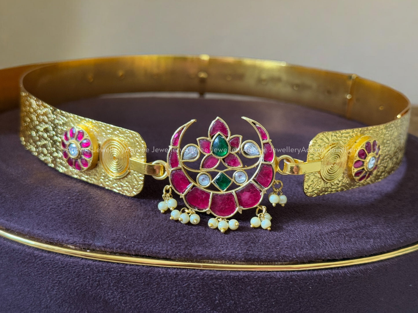 JADAU KUNDAN CHAND WAIST BELT WITH RUBY/ GREEN STONES