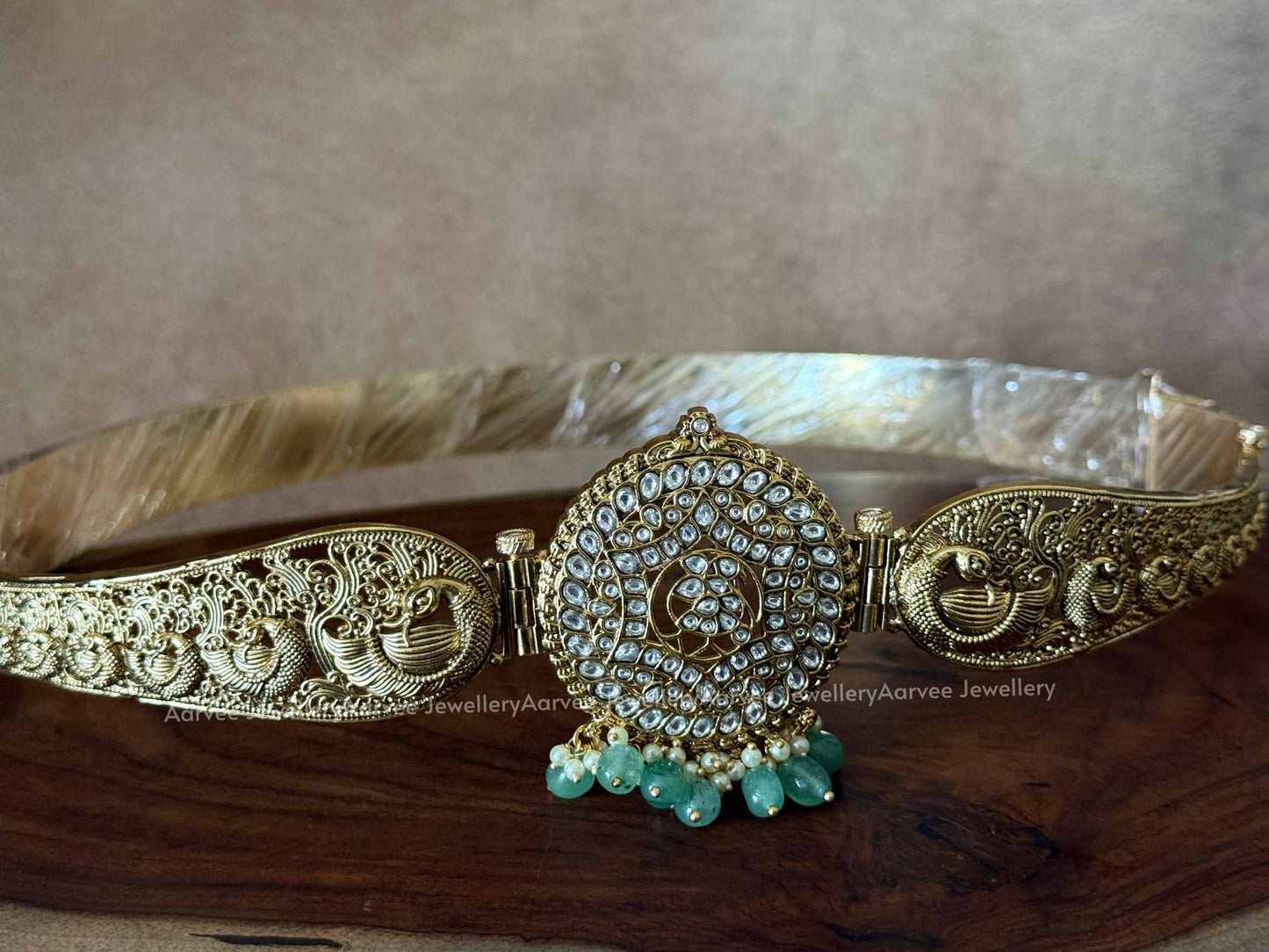 PREMIUM ANTIQUE GOLD WHITE KUNDAN STONE WAIST BELT WITH PEACOCK MOTIF AND PASTEL BEADS