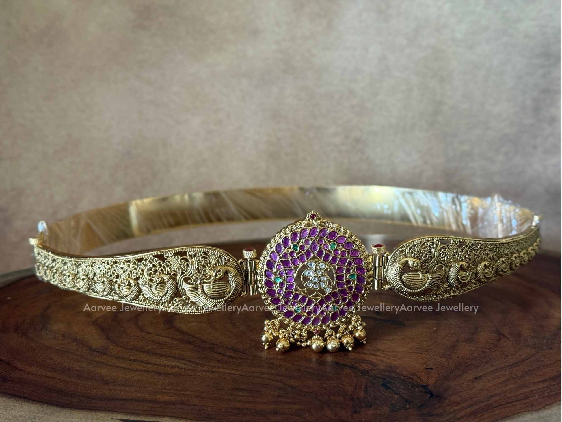 PREMIUM ANTIQUE GOLD PINK KUNDAN STONE WAIST BELT WITH PEACOCK MOTIF AND GOLD BEADS