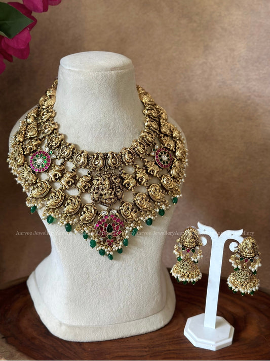 TEMPLE JEWELLERY | STATEMENT NAGAS / NAKSHI NECKLACE SET WITH GREEN BEADS