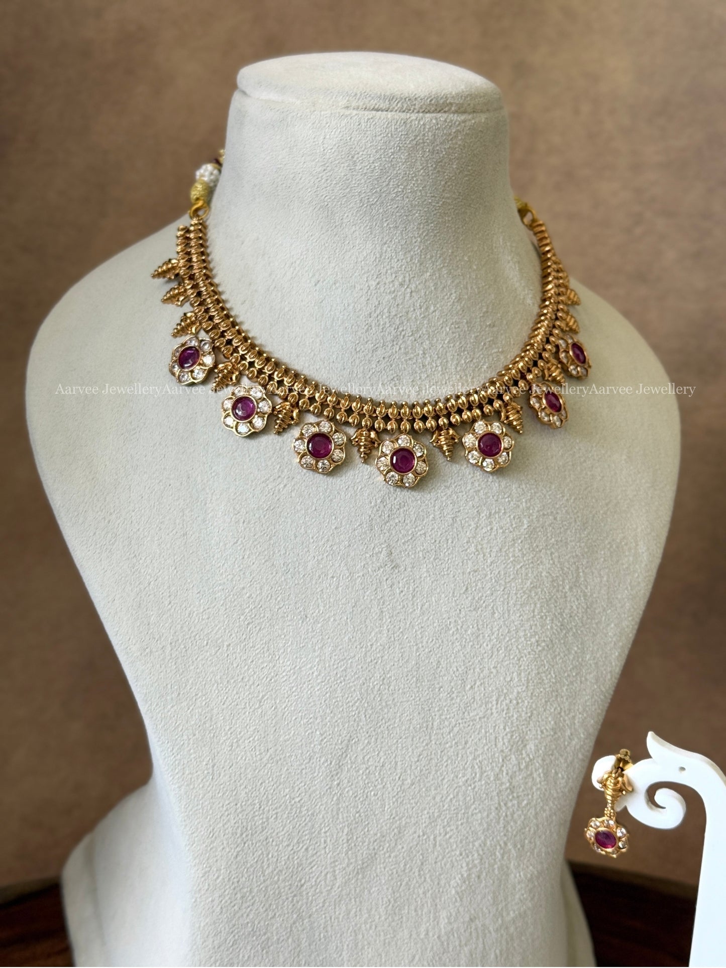 HIGH QUALITY CZ RUBY/WHITE STONES FLORAL NECKLACE SET