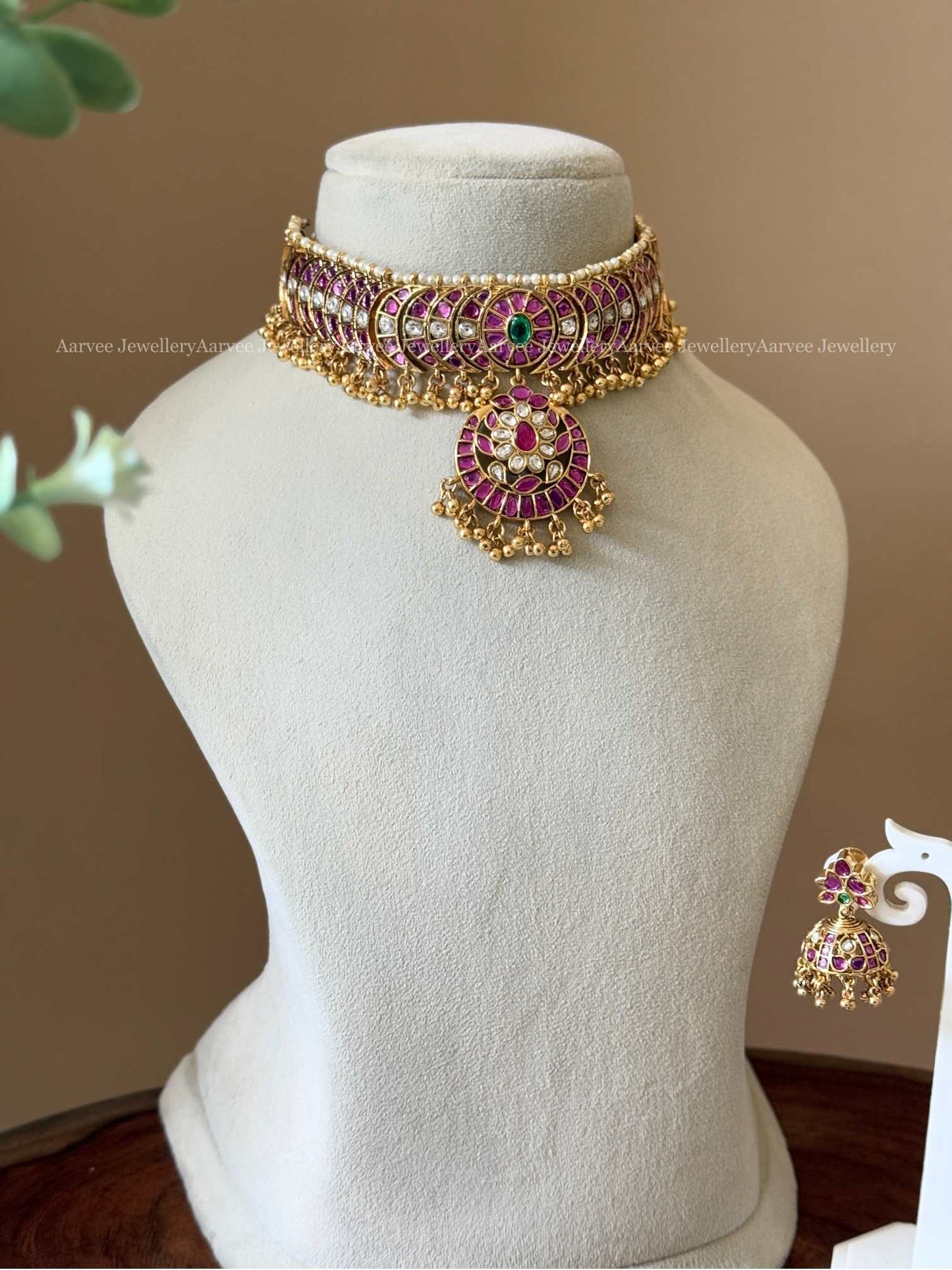 PREMIUM PINK KUNDAN STONES CHOKER SET WITH GOLD BEADS