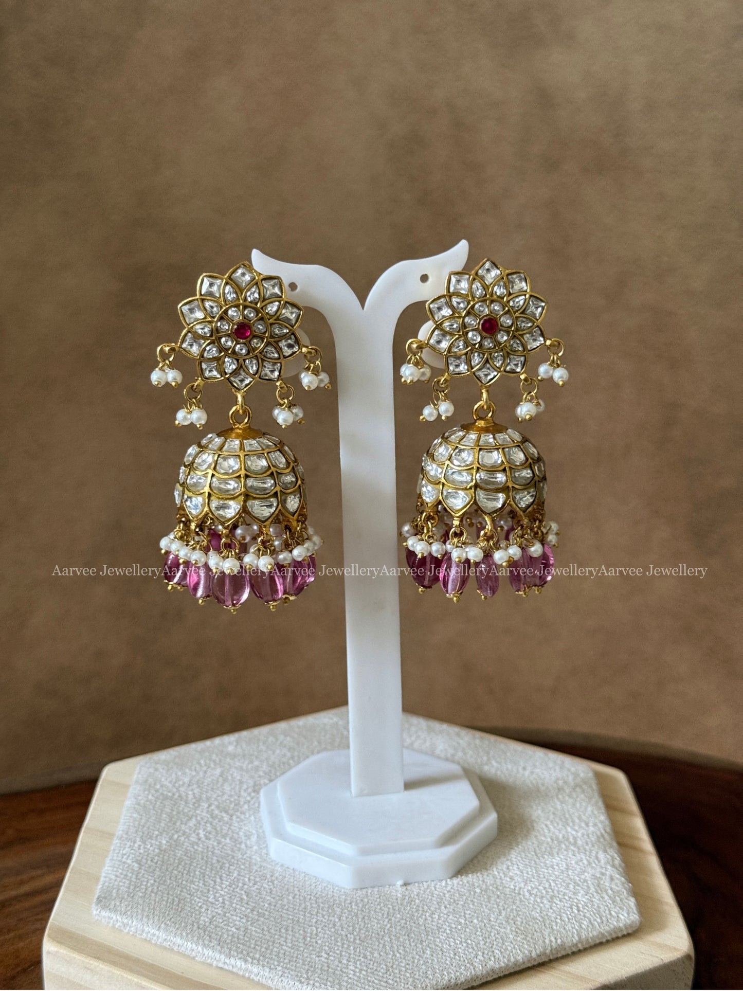 JADAU KUNDAN WHITE / PINK STONE FLORAL JHUMKI WITH WINE BEADS