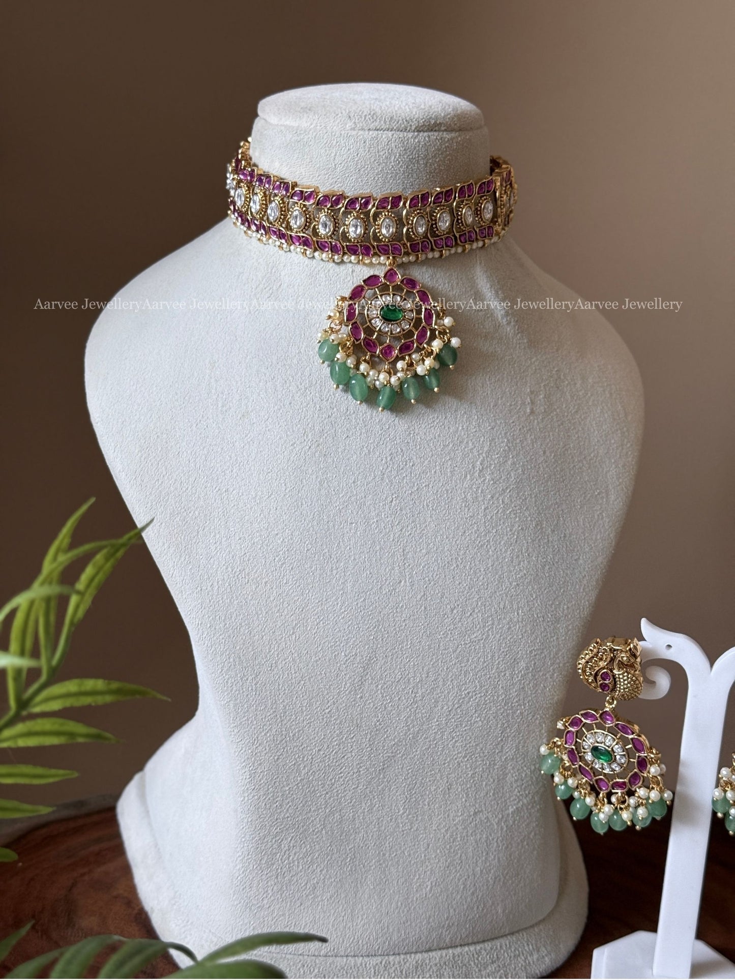 PREMIUM PINK KUNDAN PEACOCK MOTIF CHOKER SET WITH PASTEL BEADS