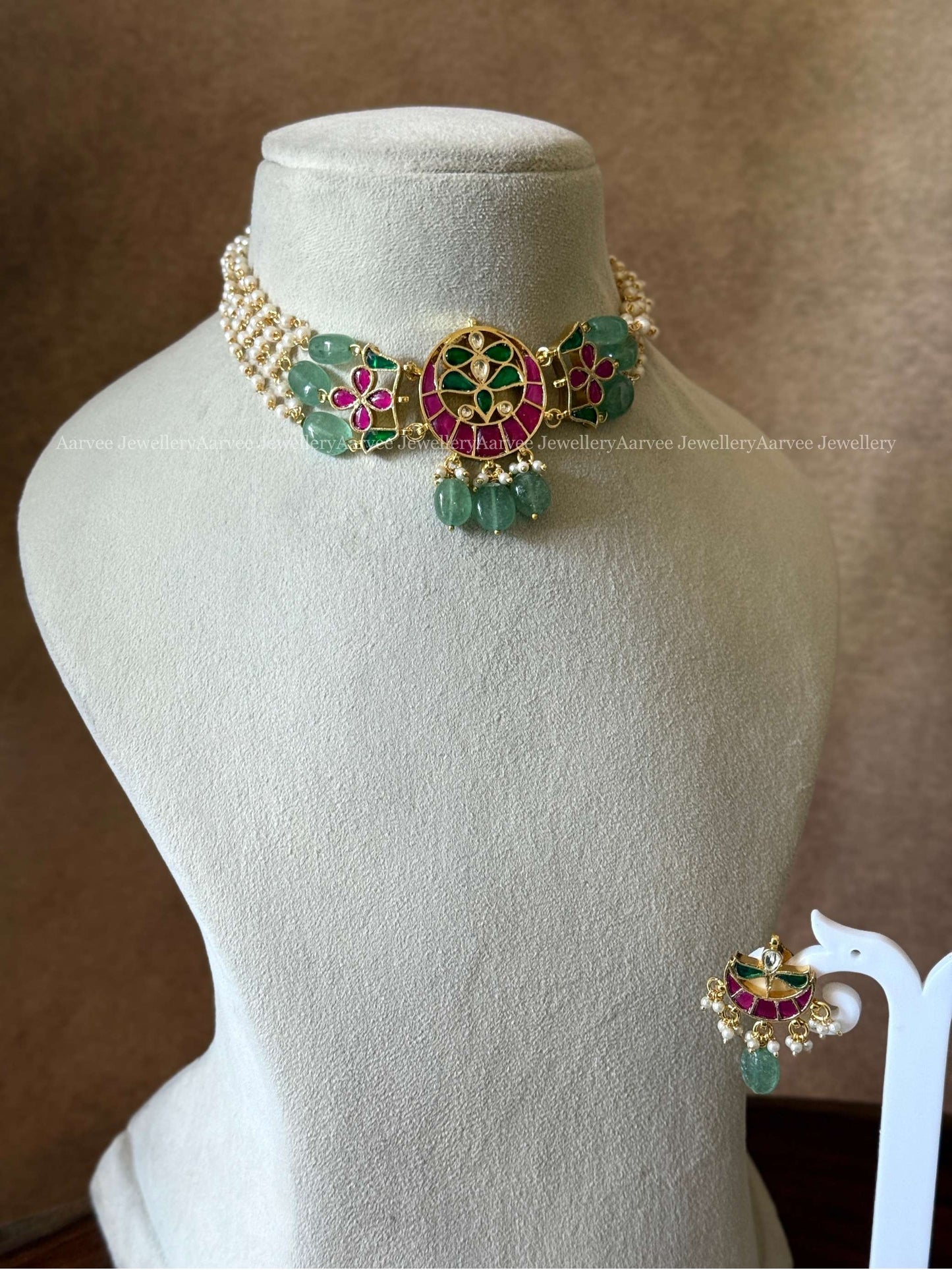 POLKI KUNDAN PEARL CHOKER SET WITH RUBY / GREEN STONE AND PASTEL BEADS