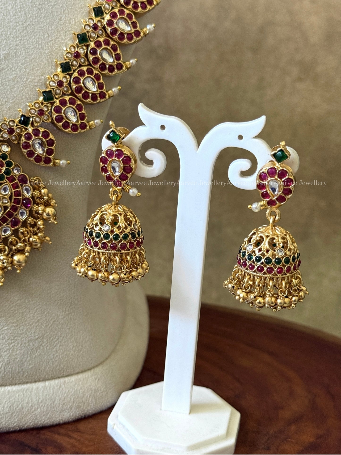 COMBO - KEMP SINGLE PENDANT CHOKER WITH KEMP RUBY / GREEN STONES MANGO MOTIF HARAM SET WITH PEACOCK PENDANT & GOLD BEADS