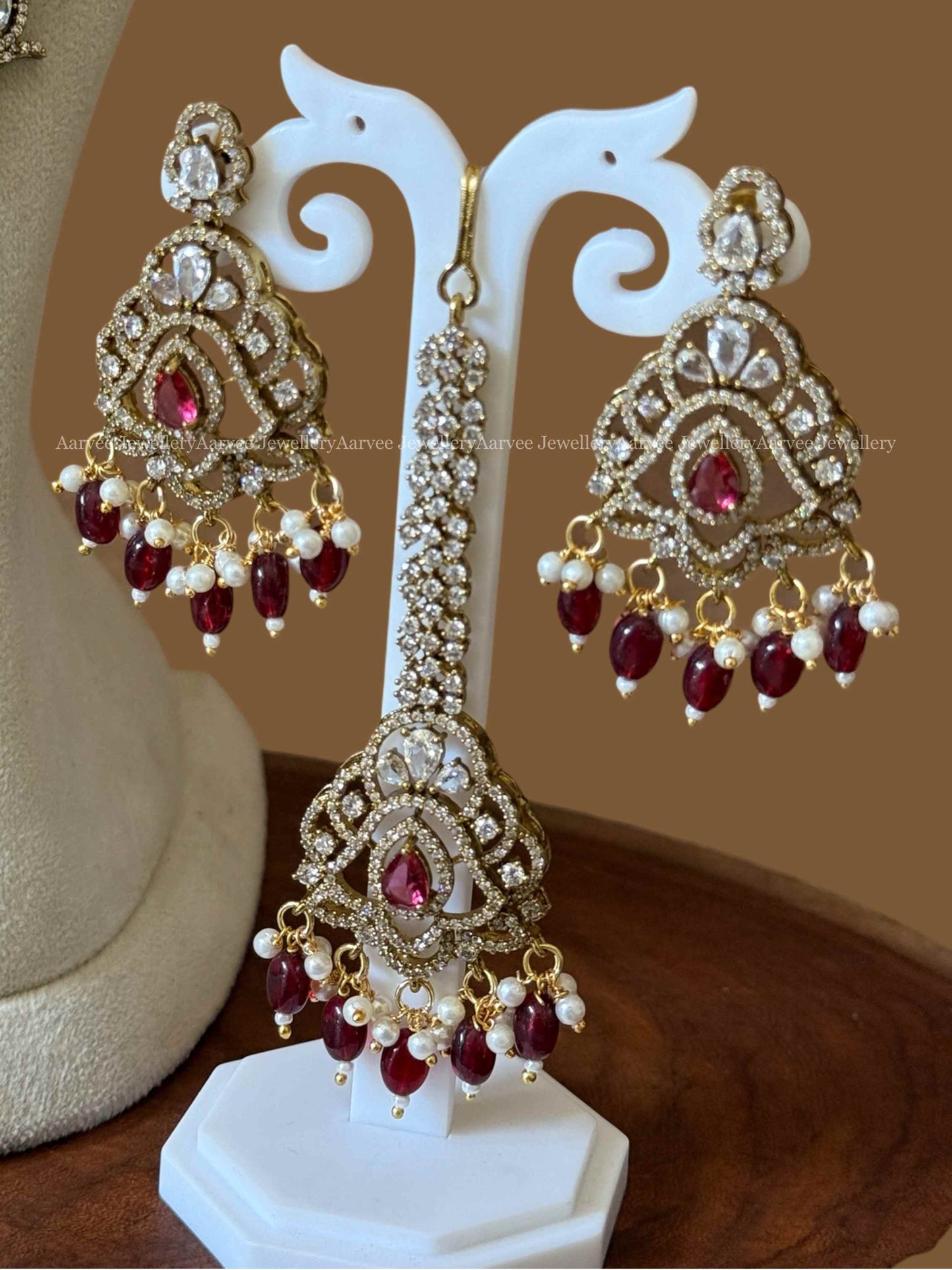 VICTORIAN BRIDAL JEWELLERY SET PEACOCK DESIGN WITH RUBY BEADS