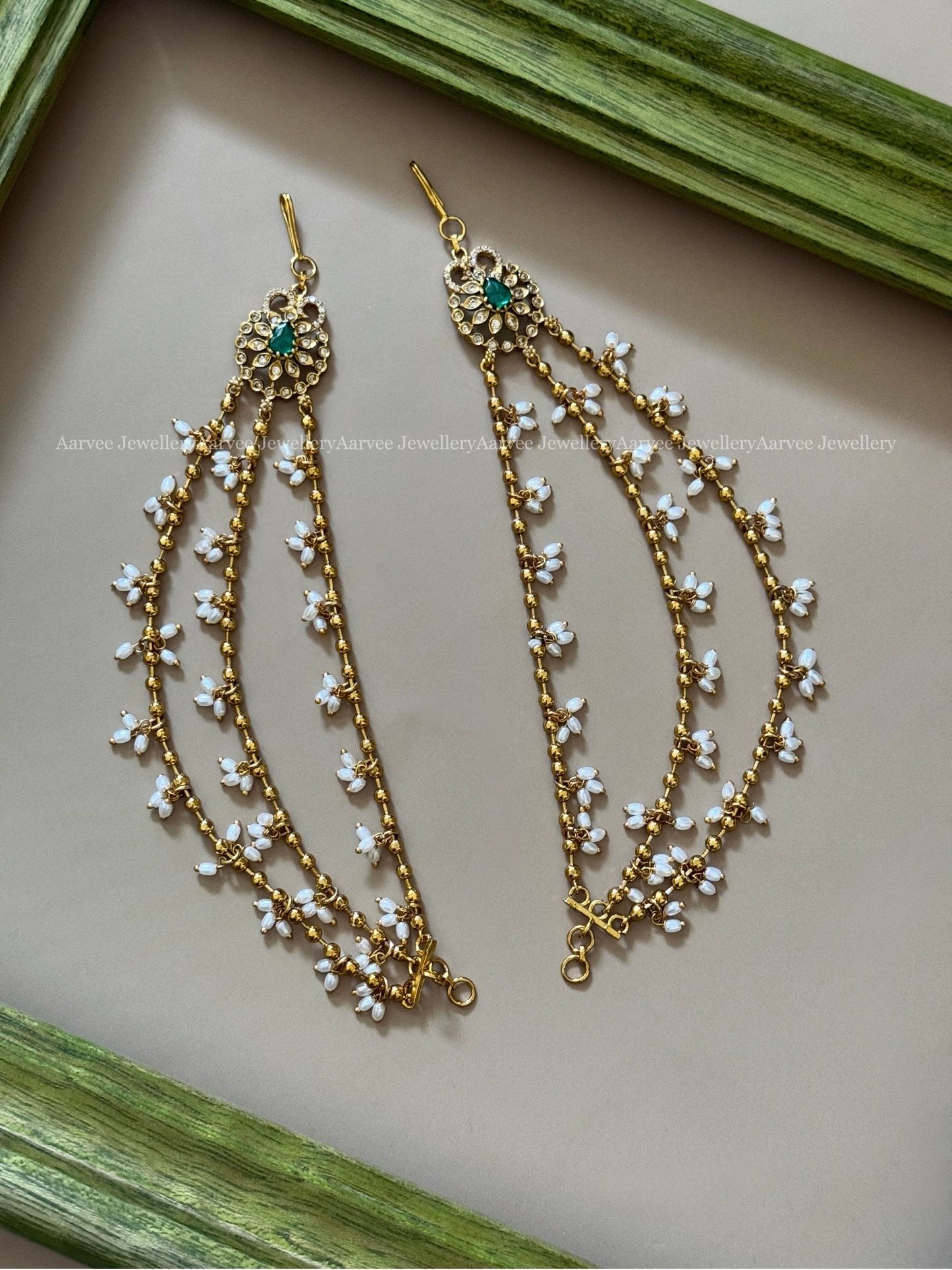 GOLD BEAD LAYERED EAR CHAIN WITH GREEN CZ STONES