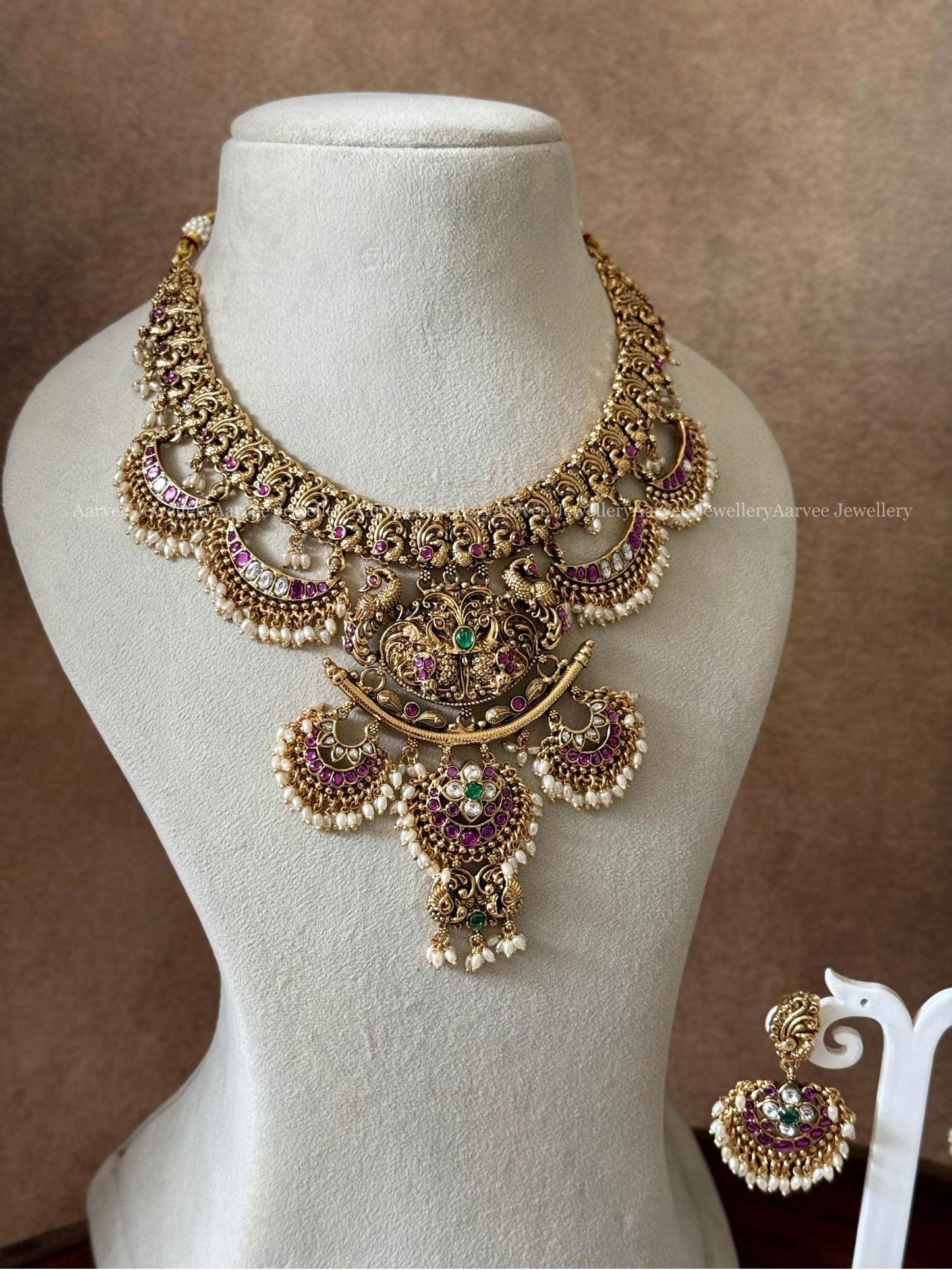 NON IDOL PEACOCK MOTIF STATEMENT NECKLACE SET WITH KUNDAN RUBY/WHITE STONES