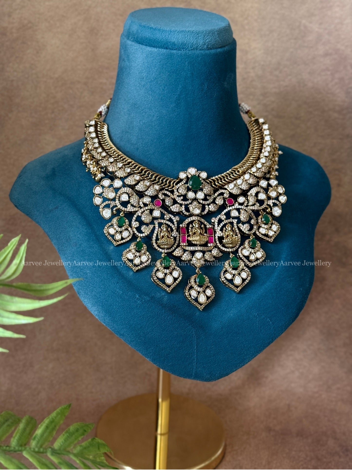 STATEMENT JALEBI NECKLACE WITH TEMPLE MOTIF WITH WHITE/PINK/RUBY STONES