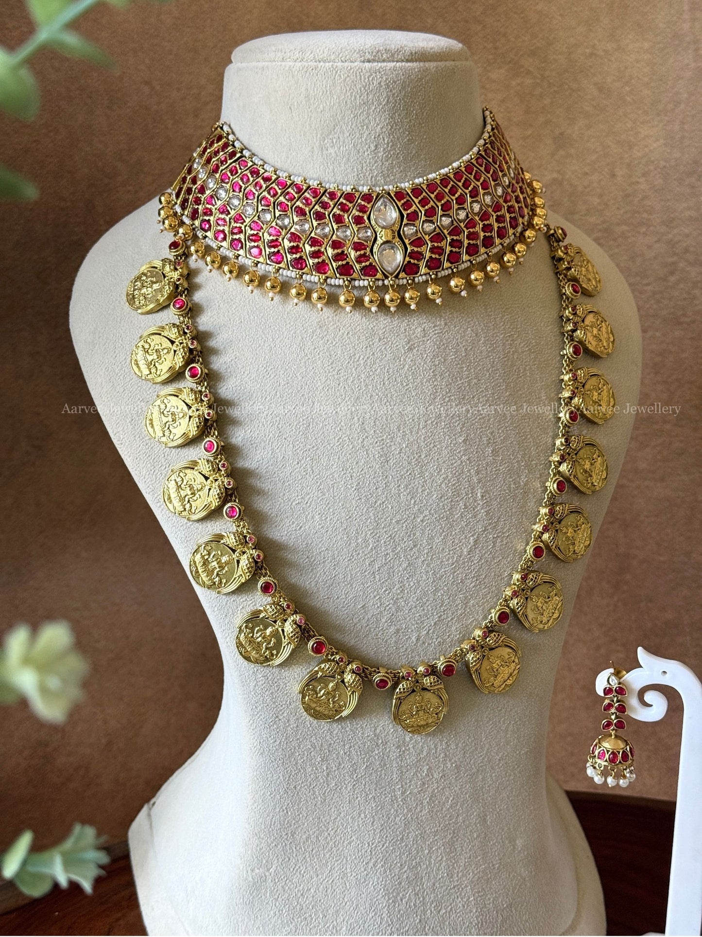 JADAU KUNDAN SEMI BRIDAL JEWELLERY SET - RUBY CHOKER, COIN HARAM AND JHUMKI
