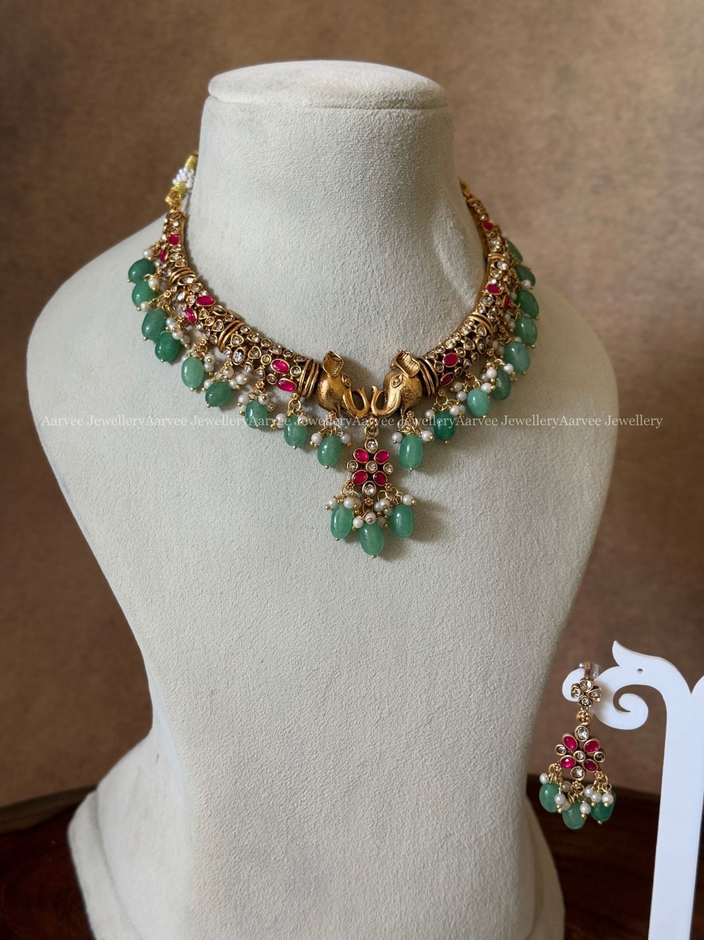 ELEPHANT KANTI NECKLACE SET WITH RUBY STONE AND PASTEL BEADS
