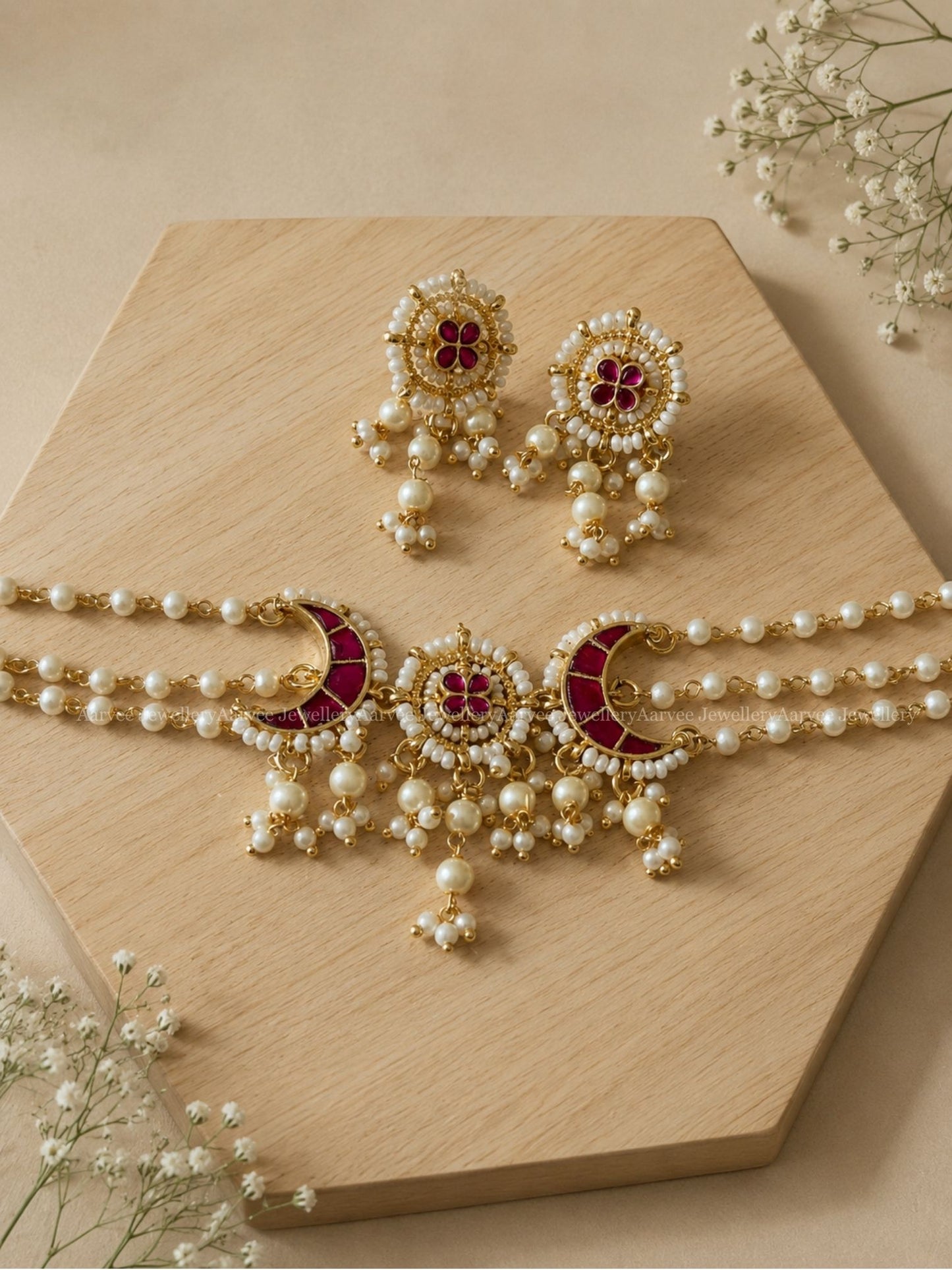 POLKI KUNDAN PEARL CHOKER SET WITH RUBY CHAND / HALF MOON DESIGN