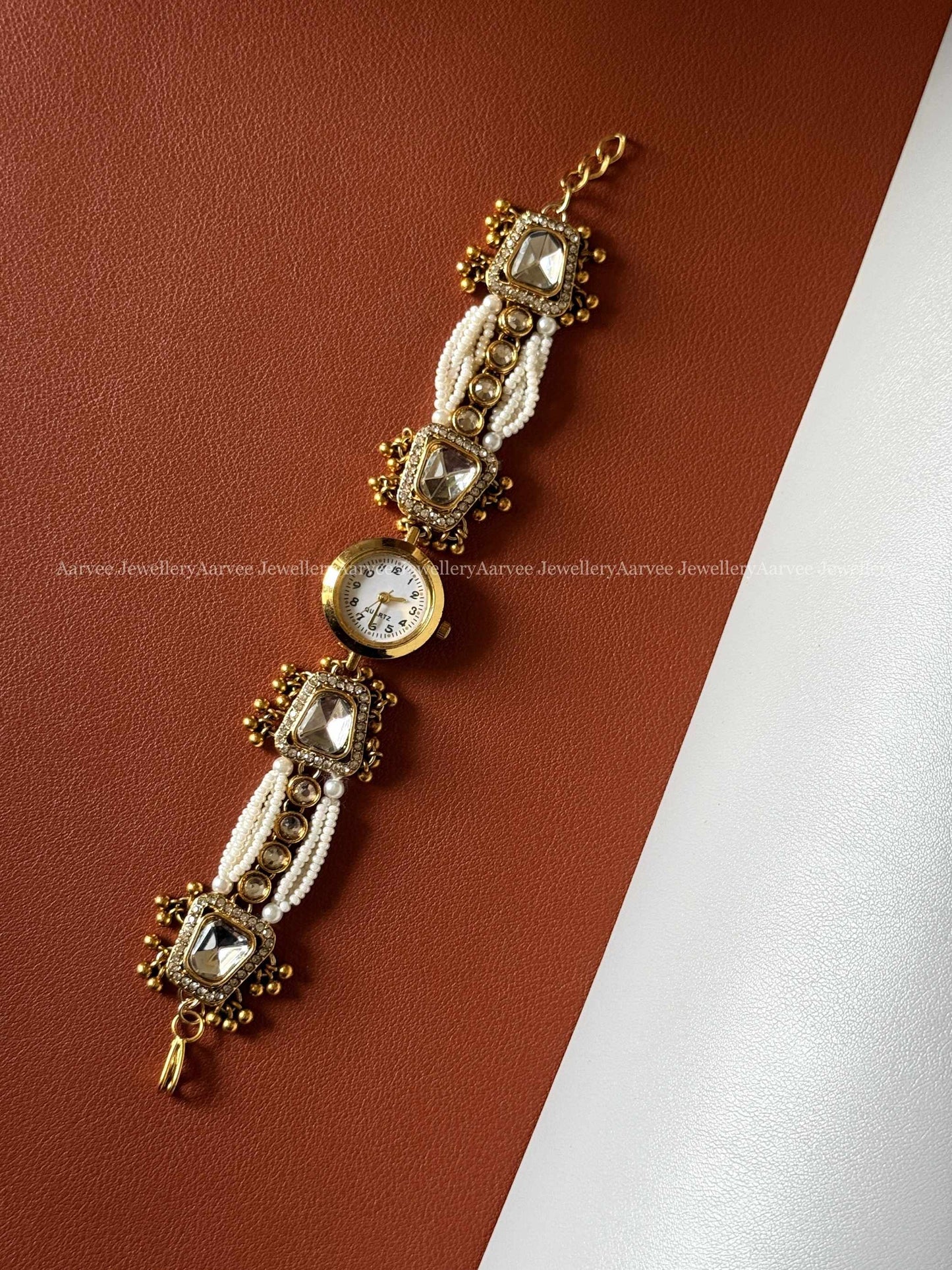 ANTIQUE GOLD PEARL AND WHITE KUNDAN WATCH BRACELET
