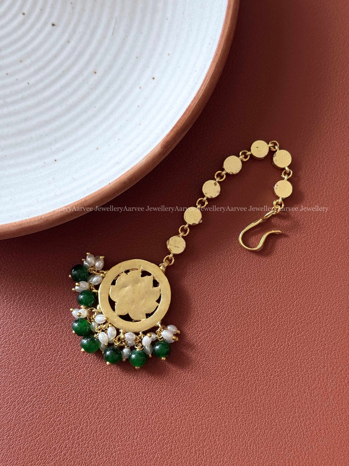 JADAU KUNDAN MULTI COLOR LOTUS TIKKA WITH GREEN BEADS