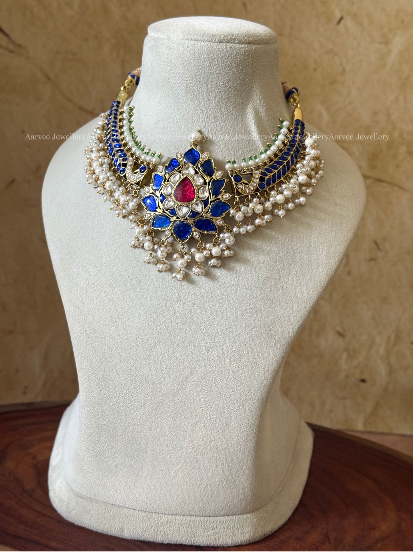 JADAU KUNDAN LOTUS KANTI NECKLACE WITH BLUE STONES & PEARLS