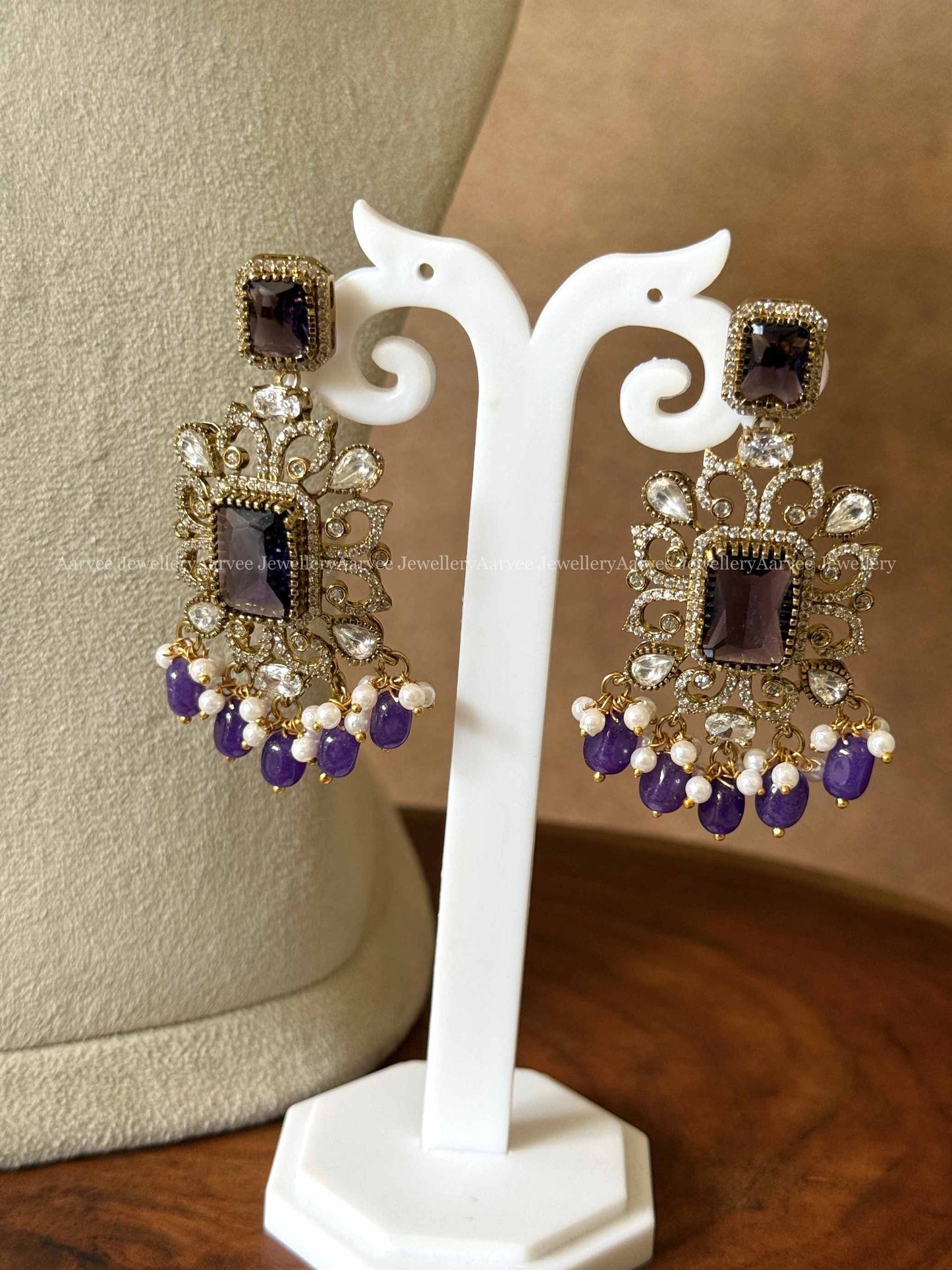 PREMIUM VICTORIAN BRIDAL CHOKER SET WITH PINK/ WHITE STONES AND PURPLE  BEADS