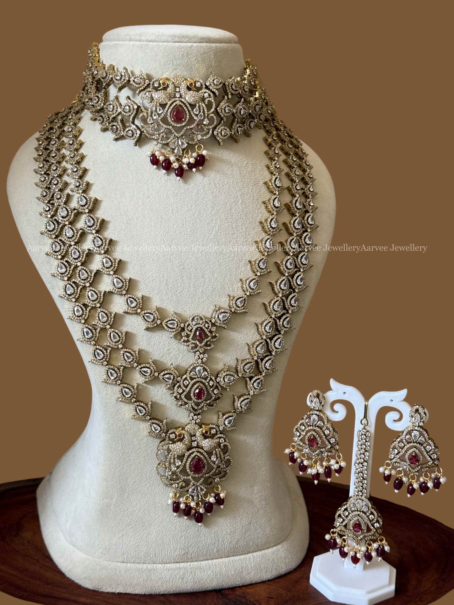 VICTORIAN BRIDAL JEWELLERY SET PEACOCK DESIGN WITH RUBY BEADS