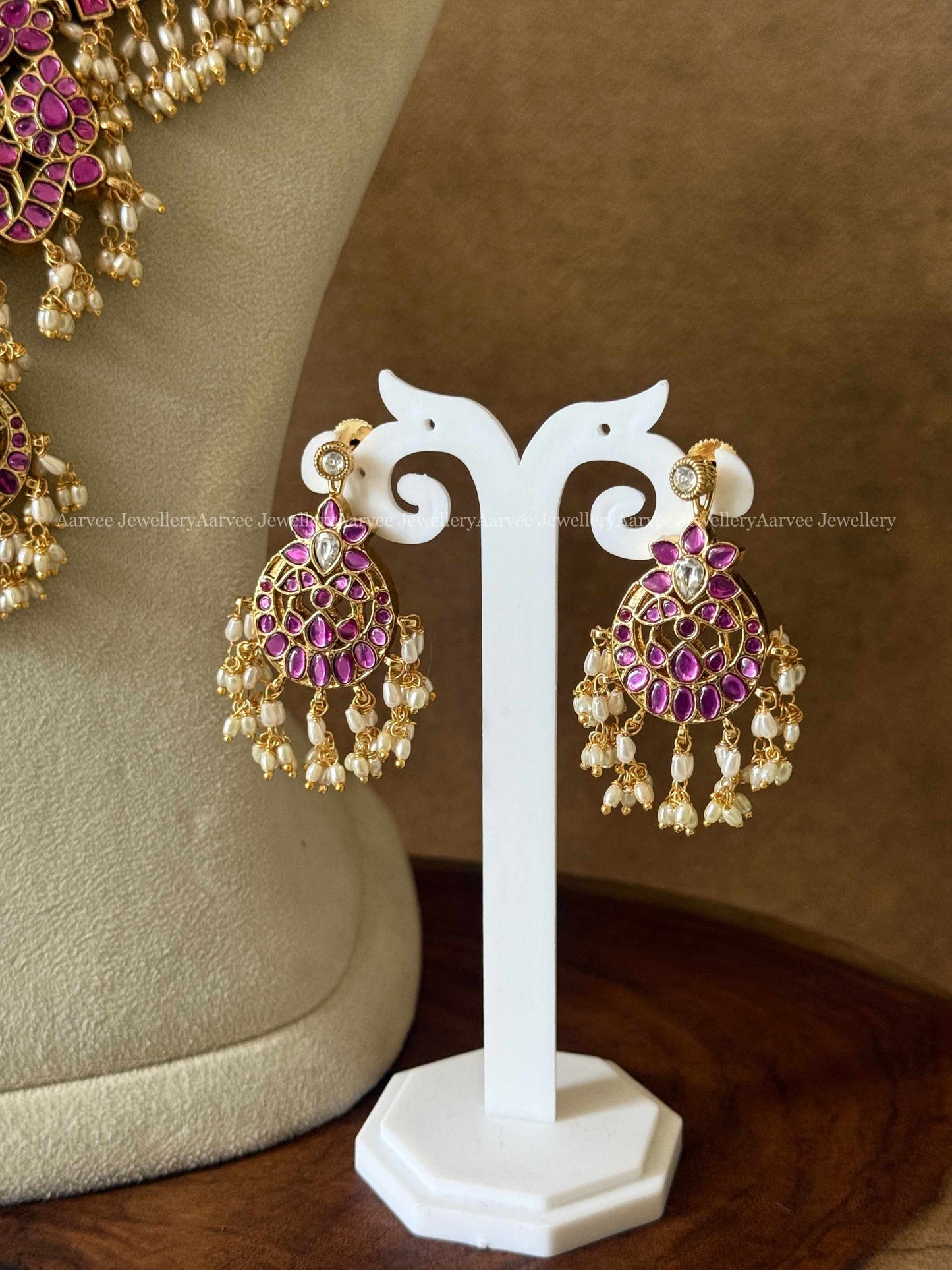 PREMIUM JALEBI 2 IN 1 REVERSIBLE NECKLACE SET IN WHITE / PINK STONES