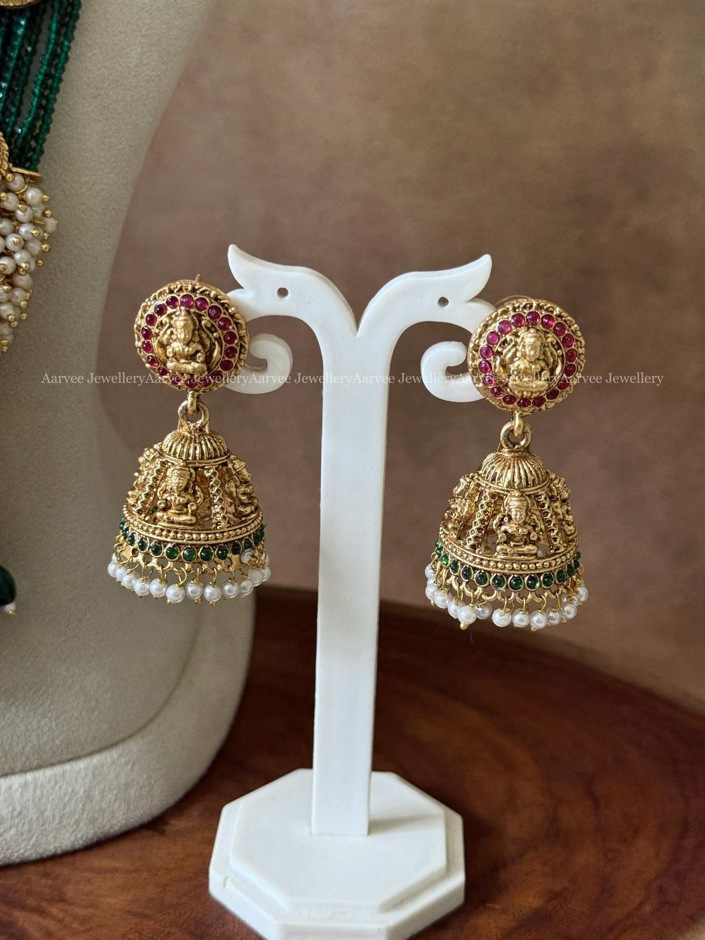 PEARL AND GREEN BEADED LAKSHMI PENDANT HARAM SET WITH GREEN BEADS