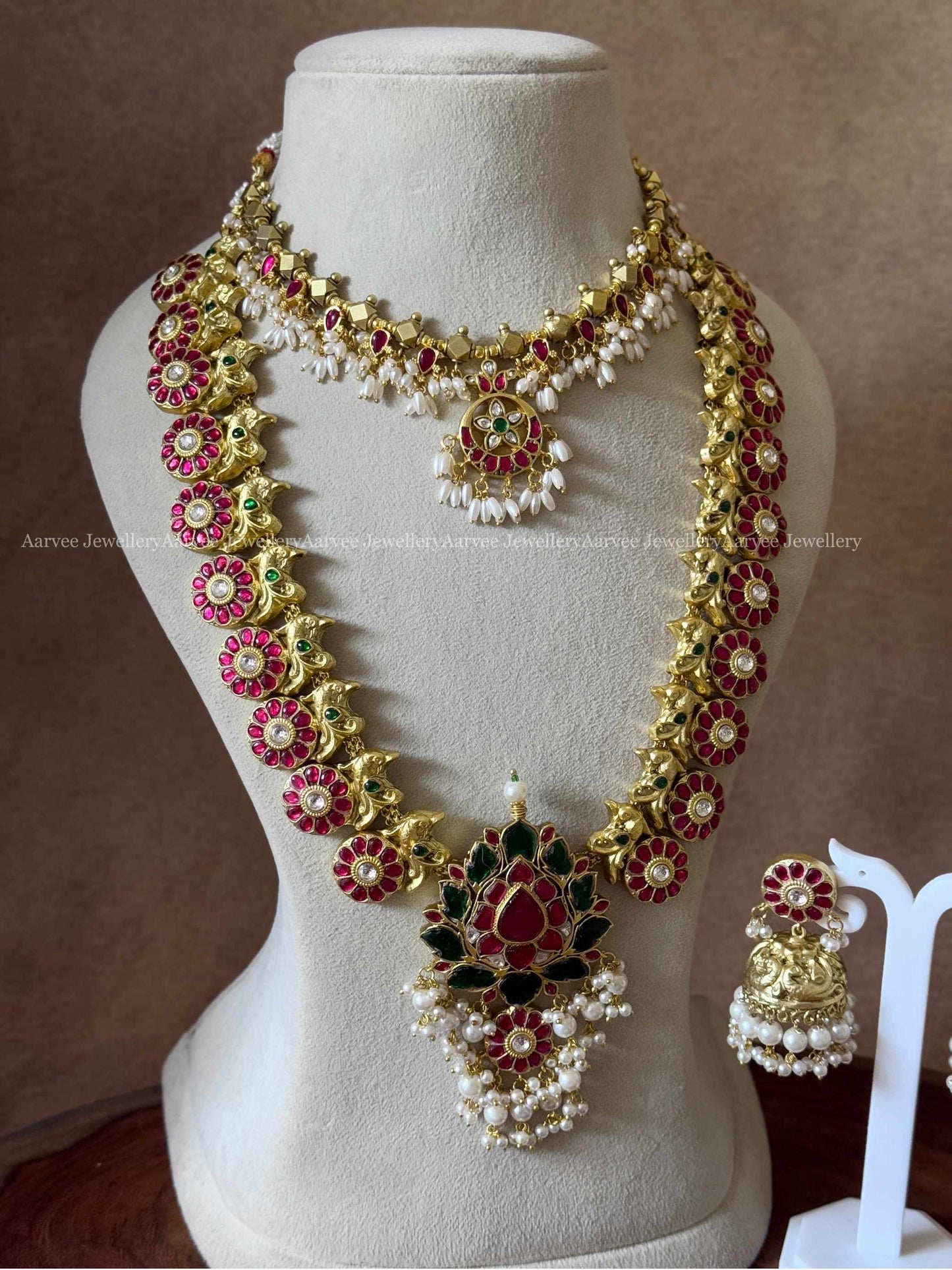 COMBO - JADAU KUNDAN GOLD BALL BEAD NECKLACE WITH RUBY STONE LOTUS HARAM SET