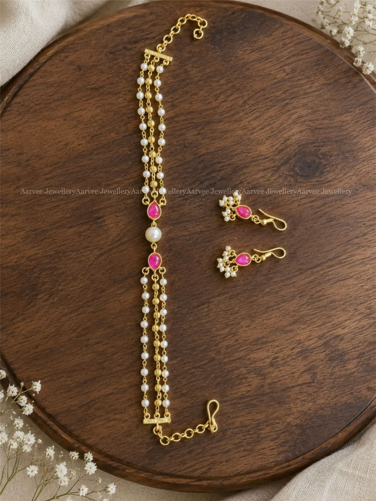 MINIMAL JADAU KUNDAN PEARL CHOKER SET WITH PINK STONE