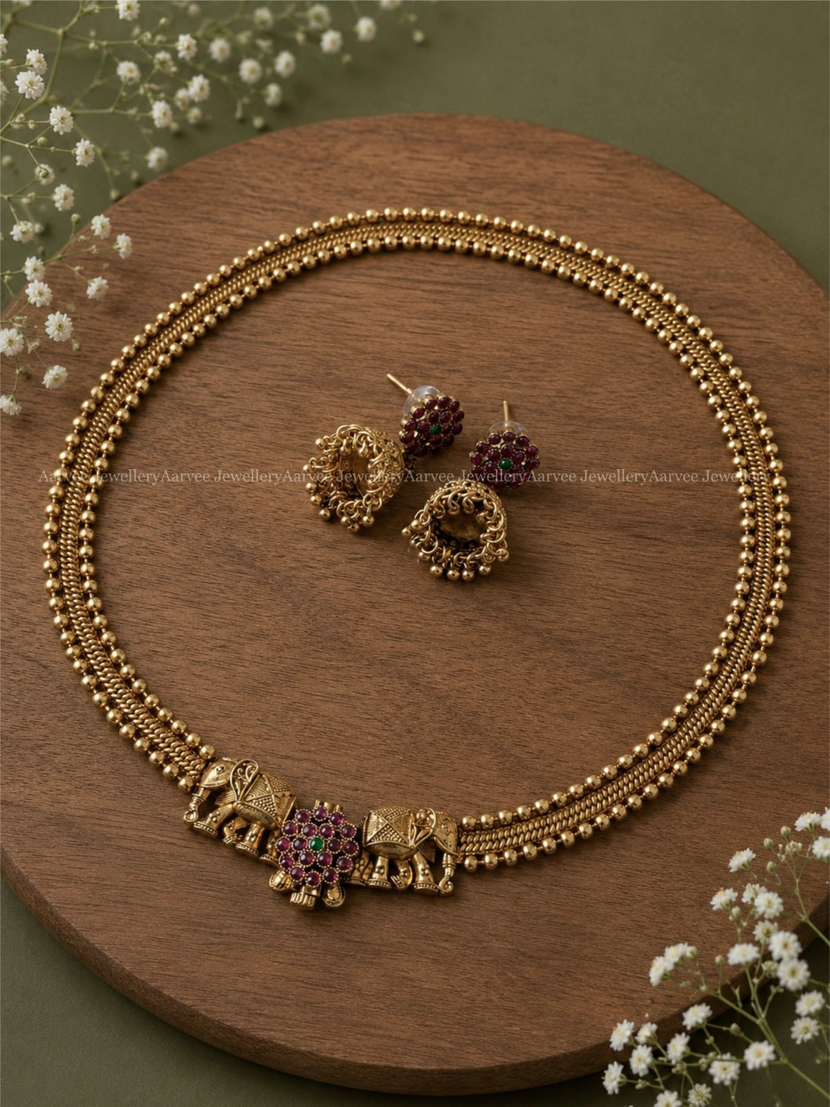 GOLD TONE KEMP ELEPHANT MOTIF FRONT SCREW NECKLACE SET