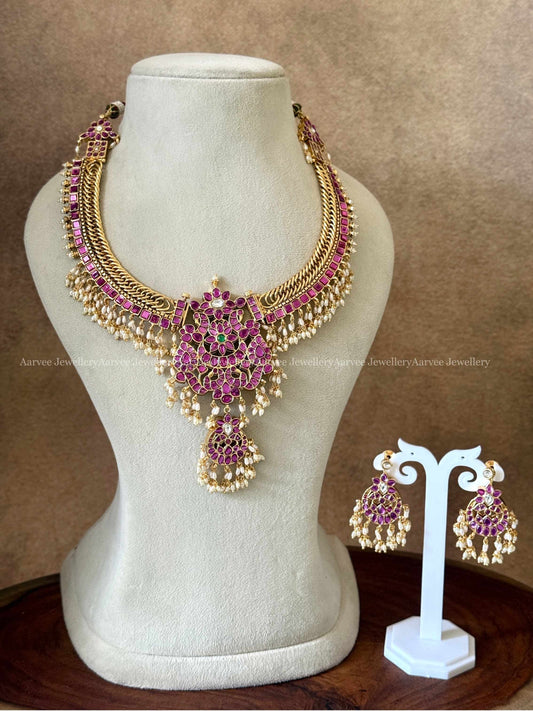 PREMIUM JALEBI 2 IN 1 REVERSIBLE NECKLACE SET IN WHITE / PINK STONES