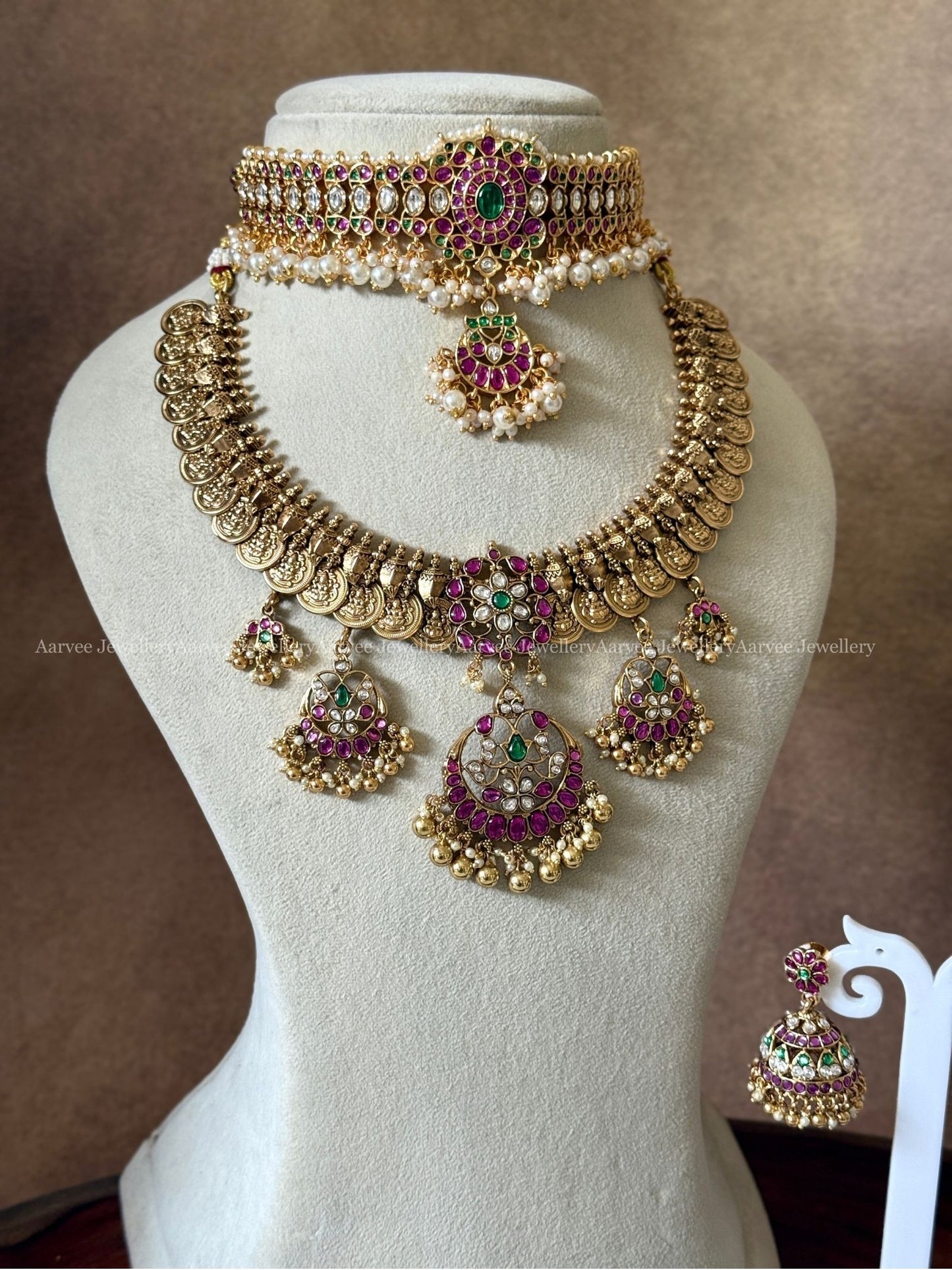 COMBO - PREMIUM PINK KUNDAN STONE CHOKER AND ANTIQUE GOLD COIN NECKLACE SET WITH MULTI PENDANTS