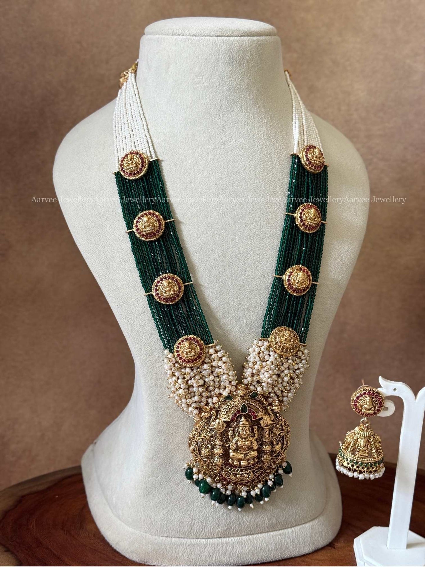 PEARL AND GREEN BEADED LAKSHMI PENDANT HARAM SET WITH GREEN BEADS