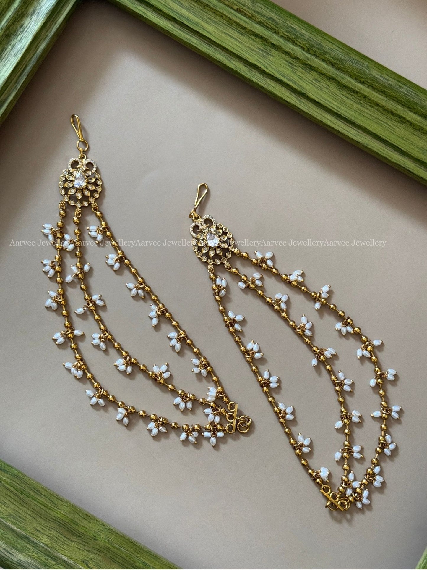 GOLD BEAD LAYERED EAR CHAIN WITH WHITE CZ STONES