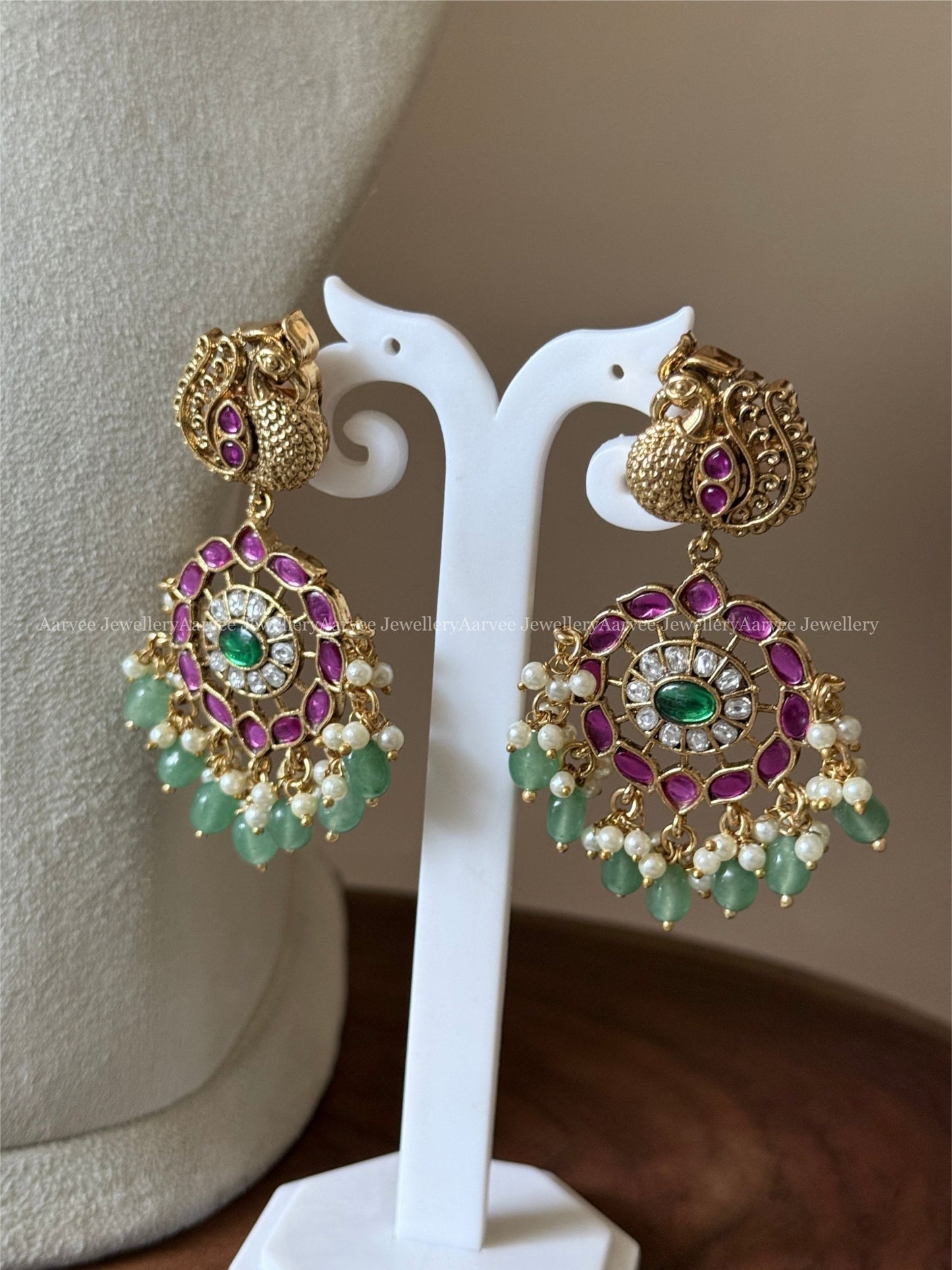 PREMIUM PINK KUNDAN PEACOCK MOTIF CHOKER SET WITH PASTEL BEADS